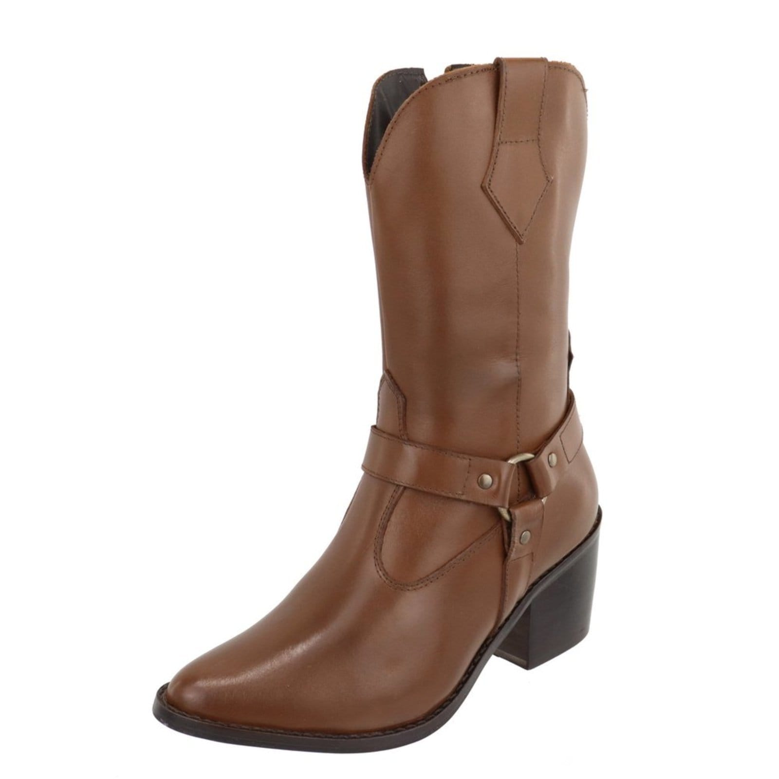 Bota em Couro Western Texana Bico Fino Country Conhaque