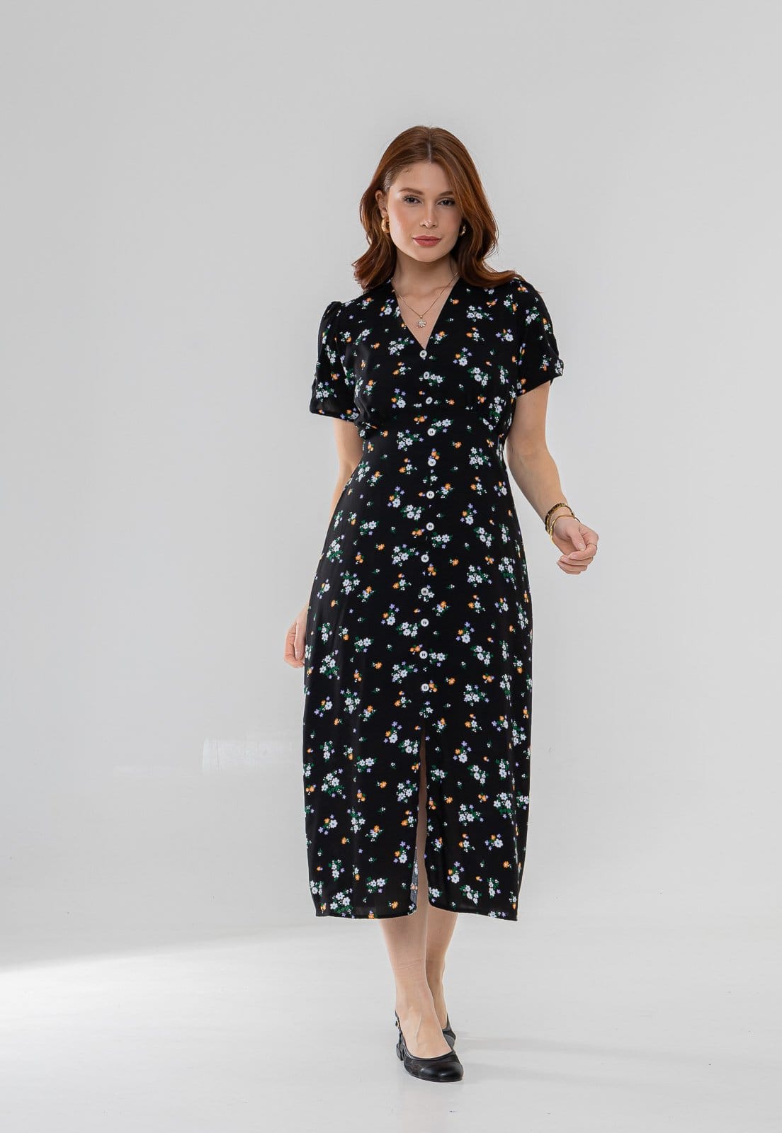 Vestido Aura Midi Celina Viscose Floral