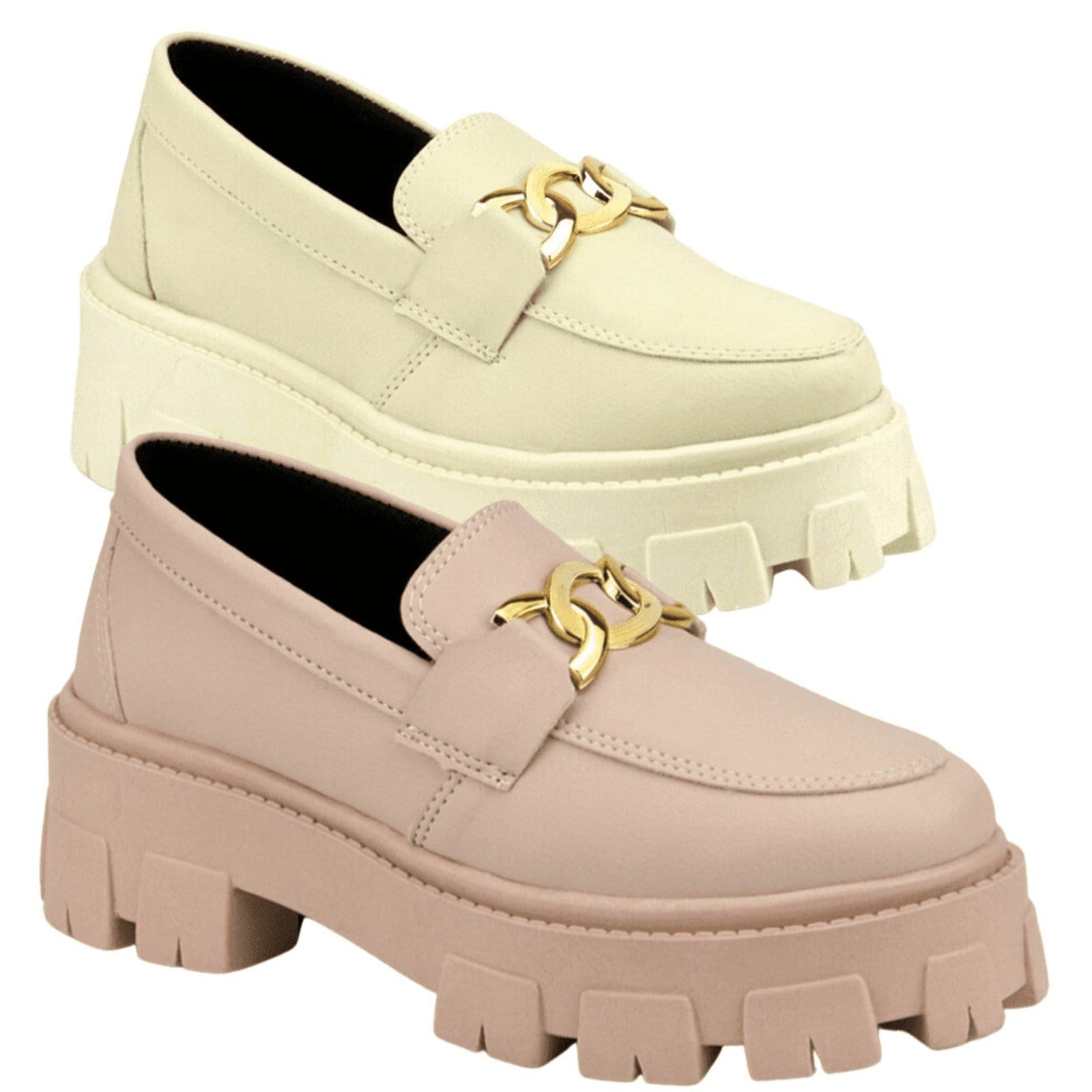 Kit 2 Mocassim Tratorado Feminino Oxford Plataforma Com Metal Blogueira Leve GuGi 403-GG Rose e Marfim