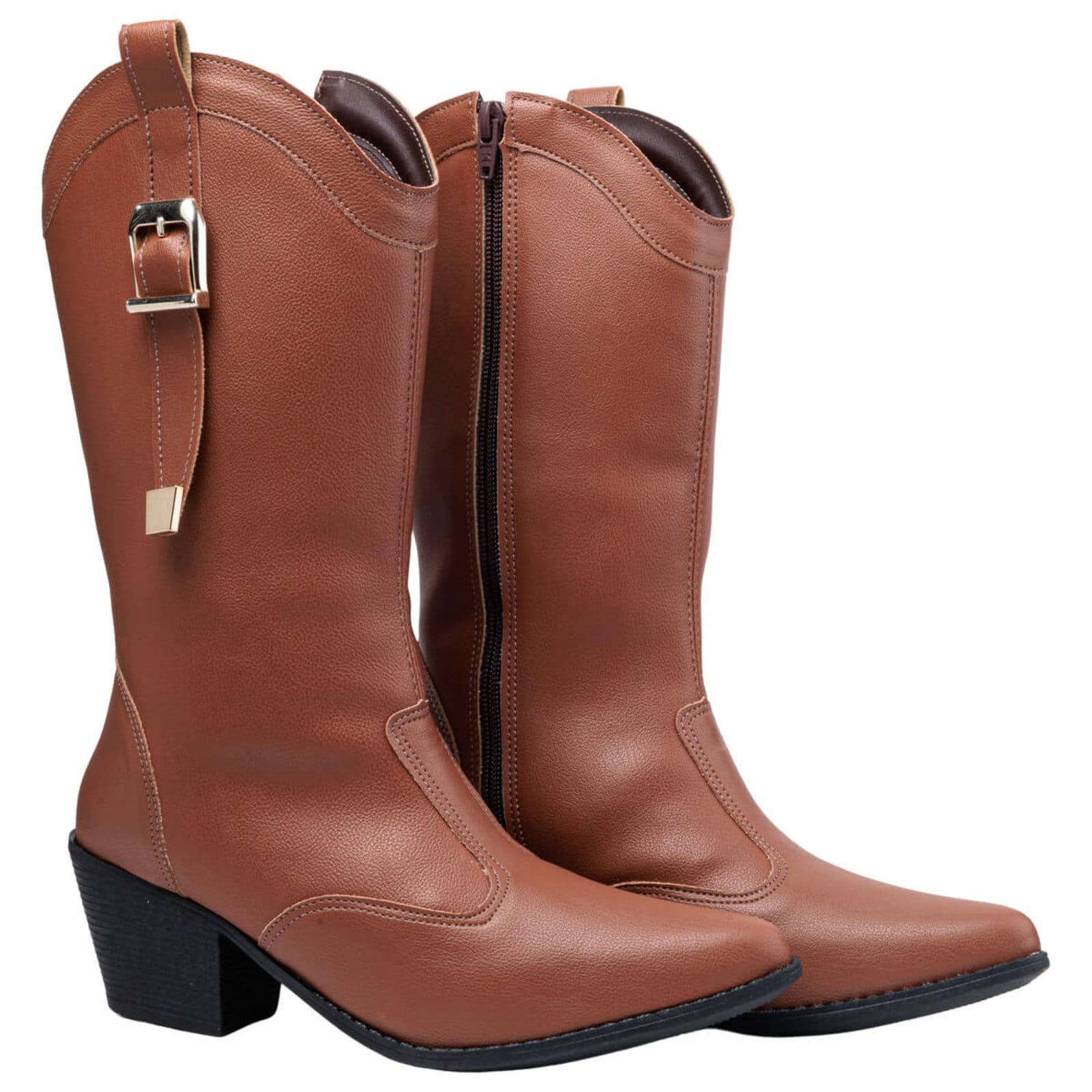 Vista 2 Bota Texana Feminina Country Montaria Bico Fino Cano Alto Casual Via Angel 9001 VIA ANGEL caramelo