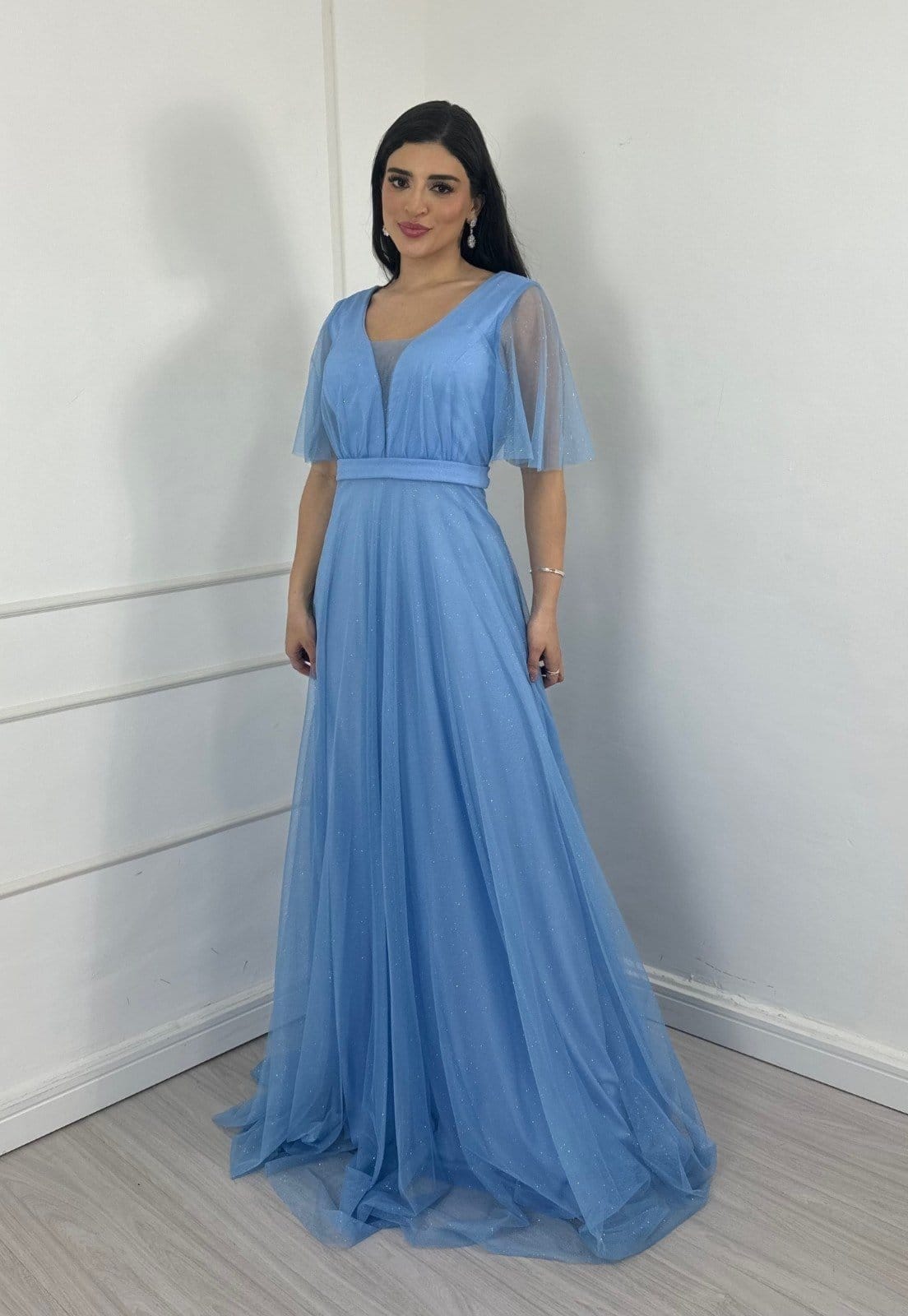 Vestido Longo de Festa Micro tule com brilho manguinha Jady Serenity