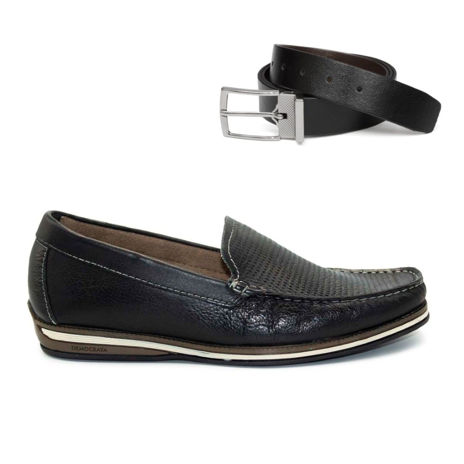Mocassim De Couro Democrata Easy Ted 135201+Cinto Masculino Dupla Face