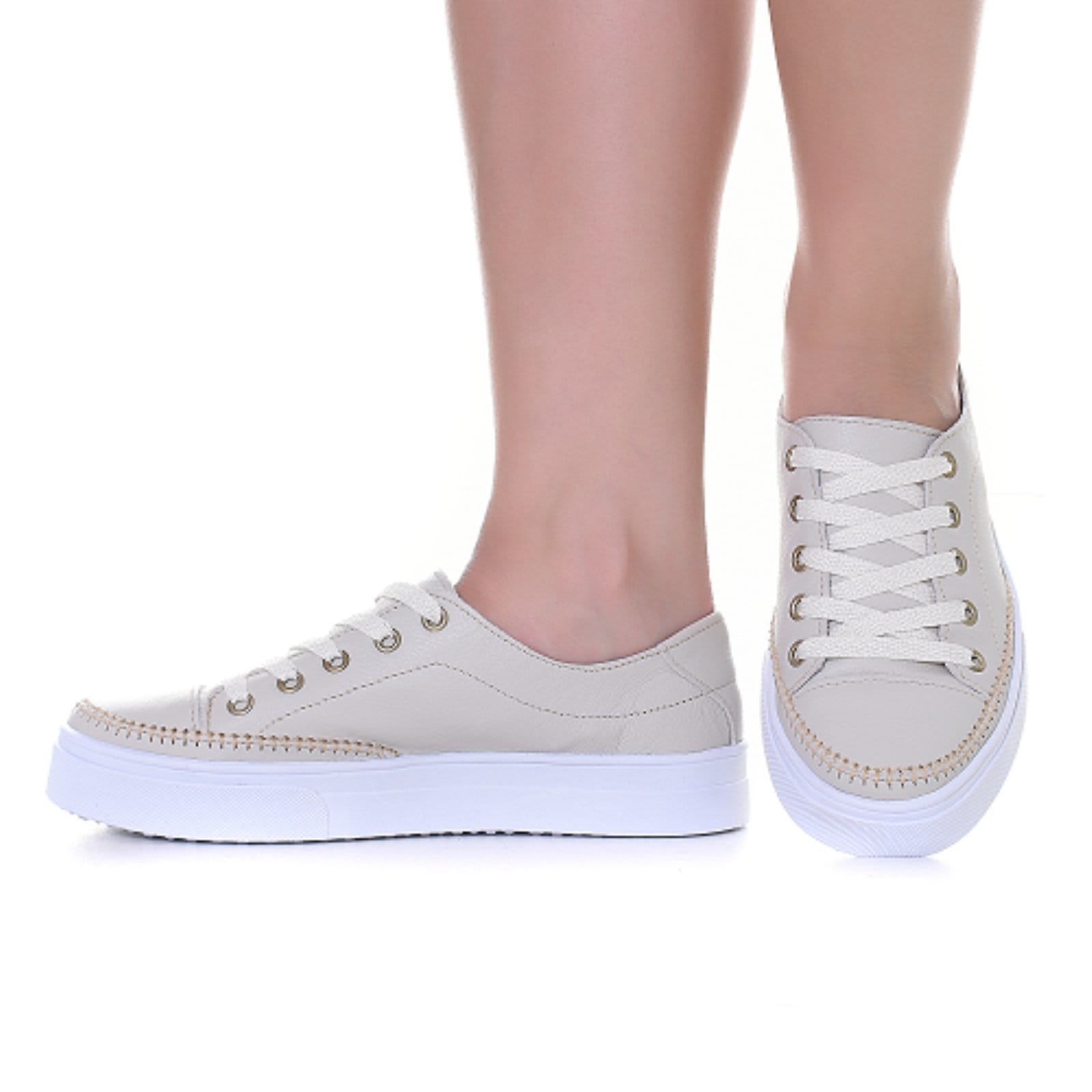 Vista 2 Tênis Feminino Sola Alta De Couro Cadarço ROMEU E JULIETA SHOES bege