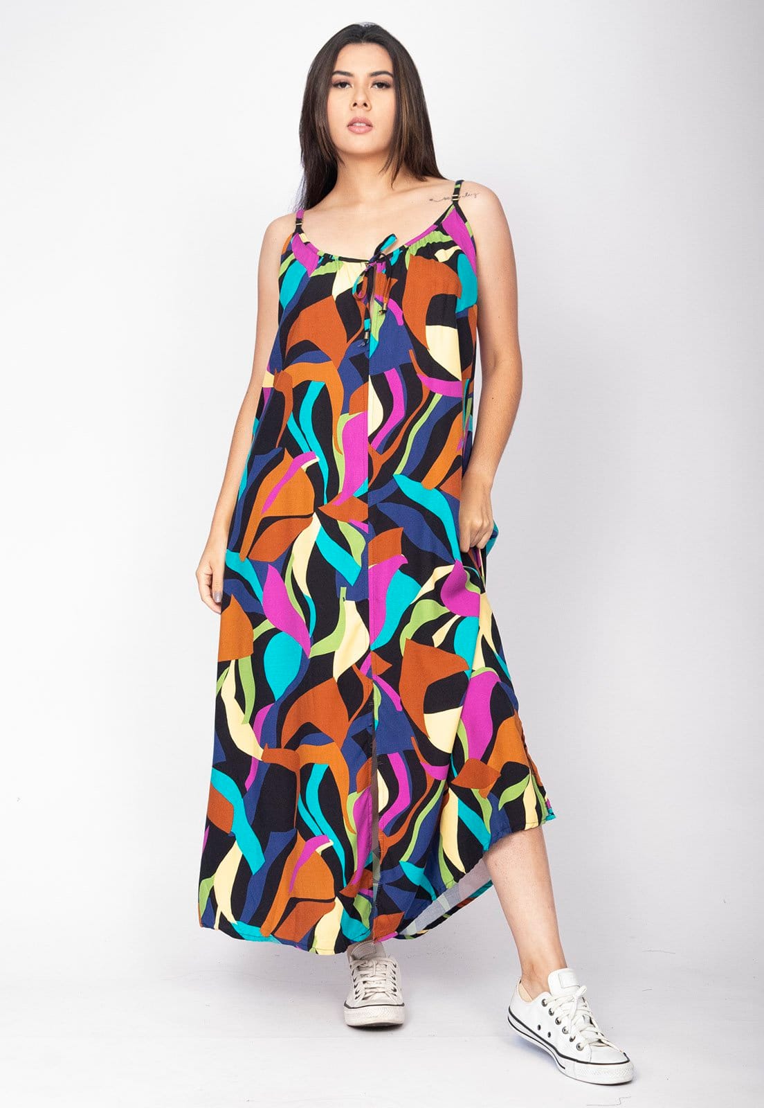 Vestido Longo Cabanafree Caçuá Viscose Alça Fina Estampa Aurora Urbana