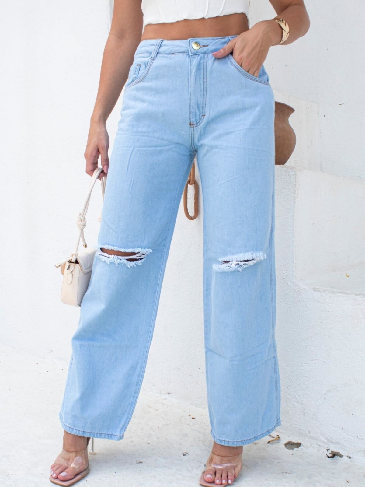 Vista 2 Calça Donna De Paula Wide Leg Com Rasgo No Joelho Cintura Alta Donna de Paula azul