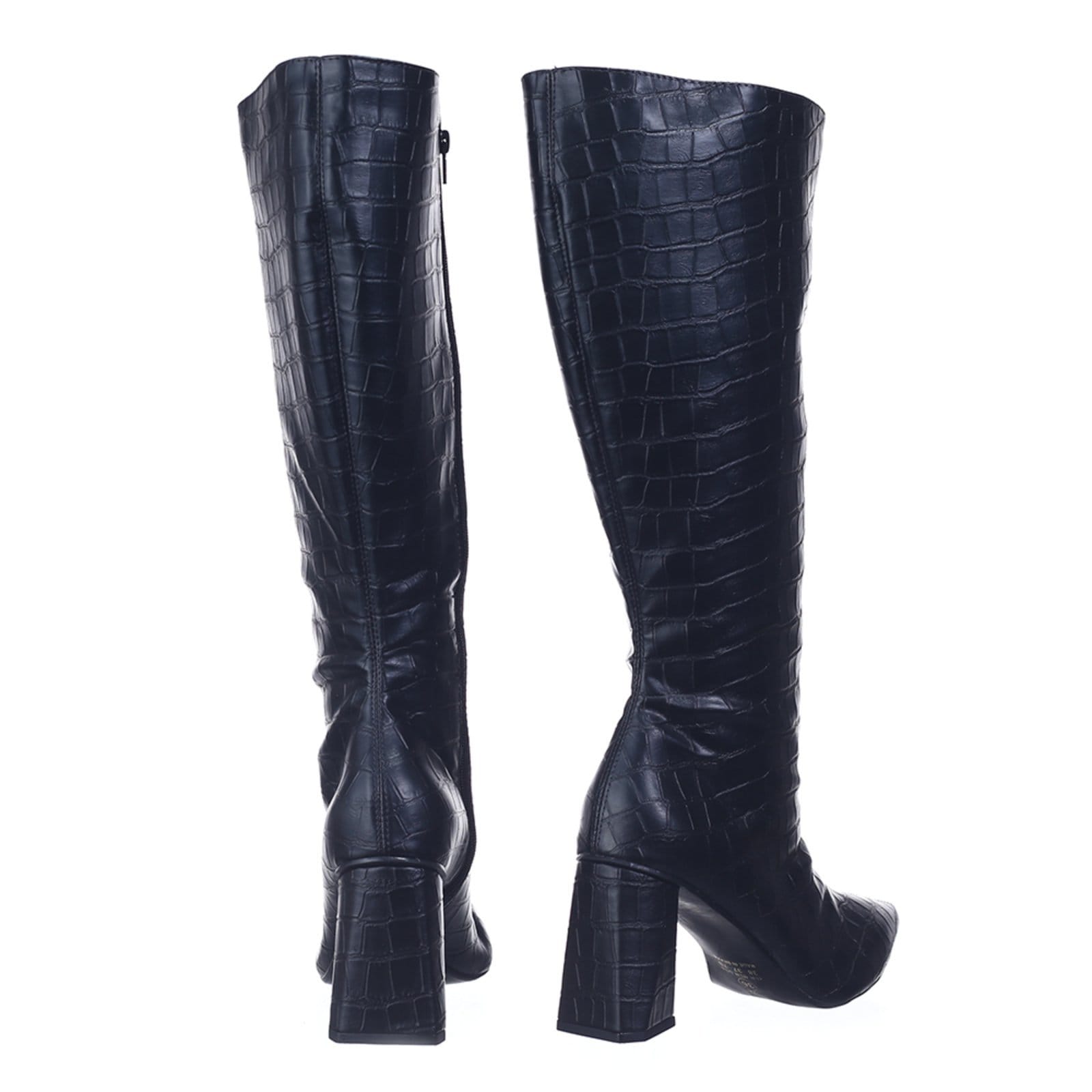 Vista 2 Bota Feminina Cano Longo Salto Triângulo Tendência 23020 Croco Flor da Pele preto