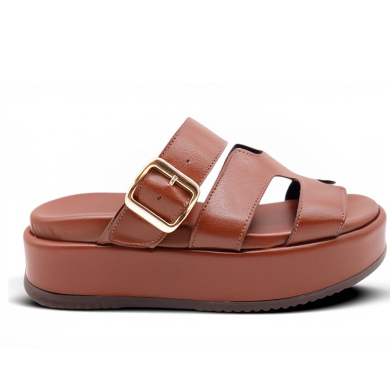 Vista 2 Sandália Feminina Papete Flatform Tira Com Fivela 5301 Floter Cacau Flor da Pele caramelo