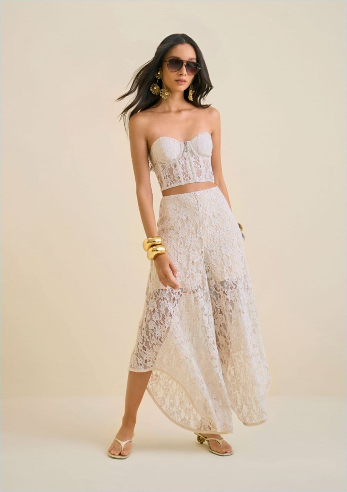 Calça Morena Rosa Reta Cós Alto Zíper Lateral Bege