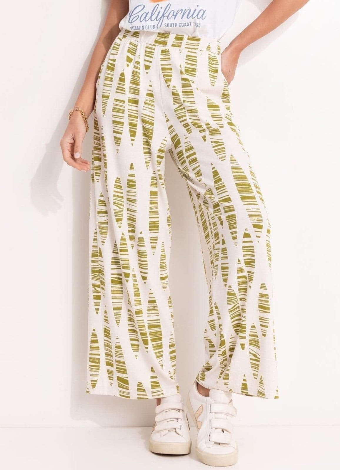 Vista principal Calça Em Malha De Viscose Folhas Listradas Quintess verde