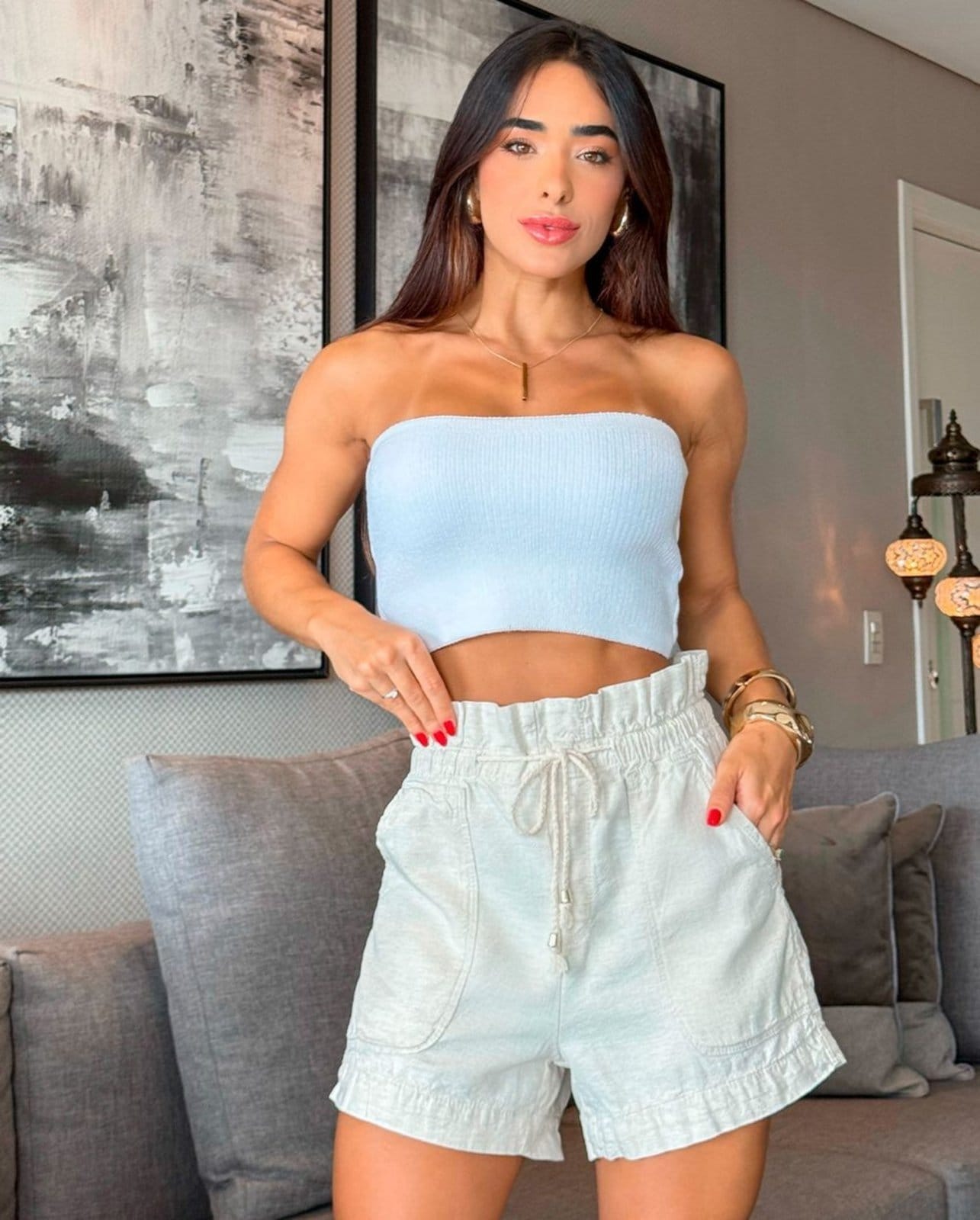 Shorts Linho Feminino Clochard com Cordão 23338 Linho