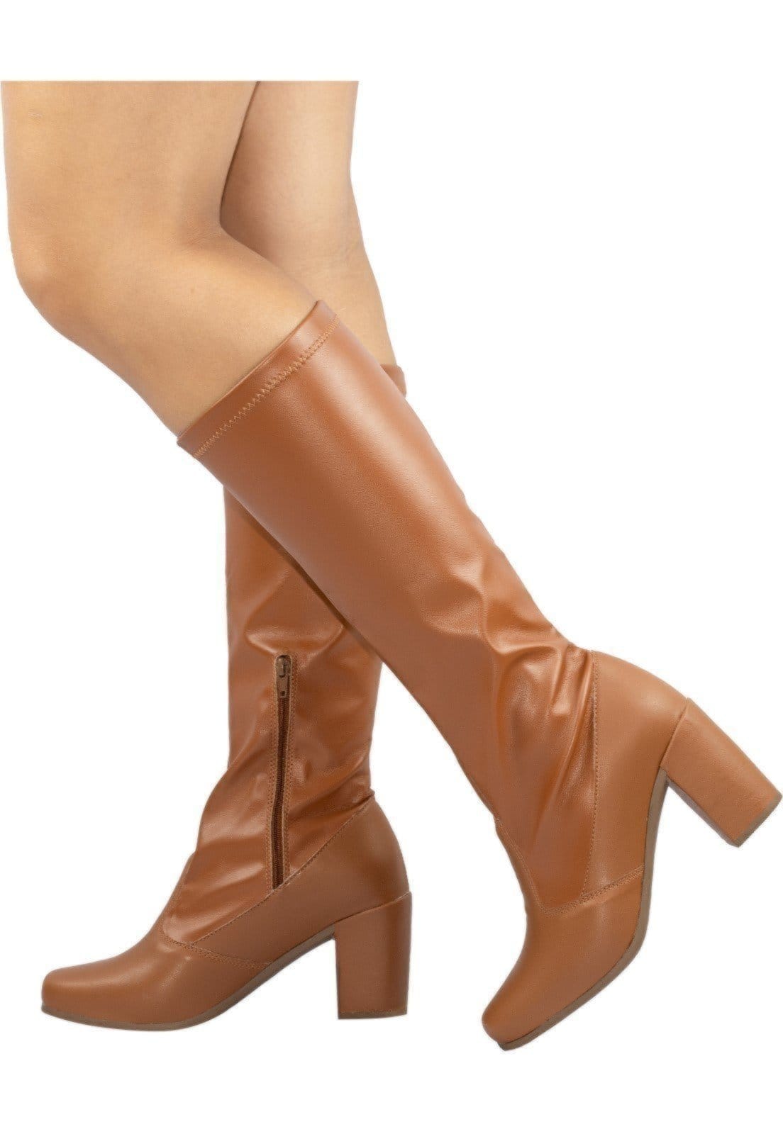 Bota Feminina Lumiss Cano Longo Stretch Bico Quadrado Salto Alto Grosso Montaria