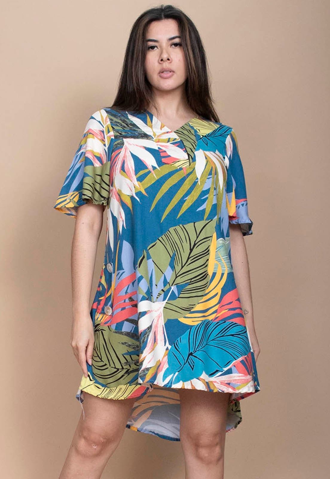 Vista 2 Vestido Cabanafree Curto Pataxô Viscose Mullet Decote V Estampa Brisa Botânica Cabanafree amarelo/azul/estampado/laranja/verde