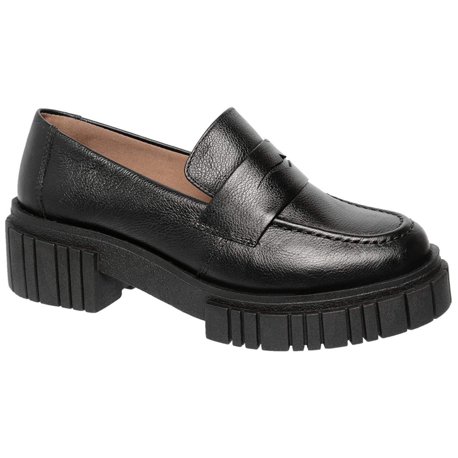 Vista 2 Sapato Feminino Mocassim Conforto Em Couro Sola Plataforma Preta Ferrile preto