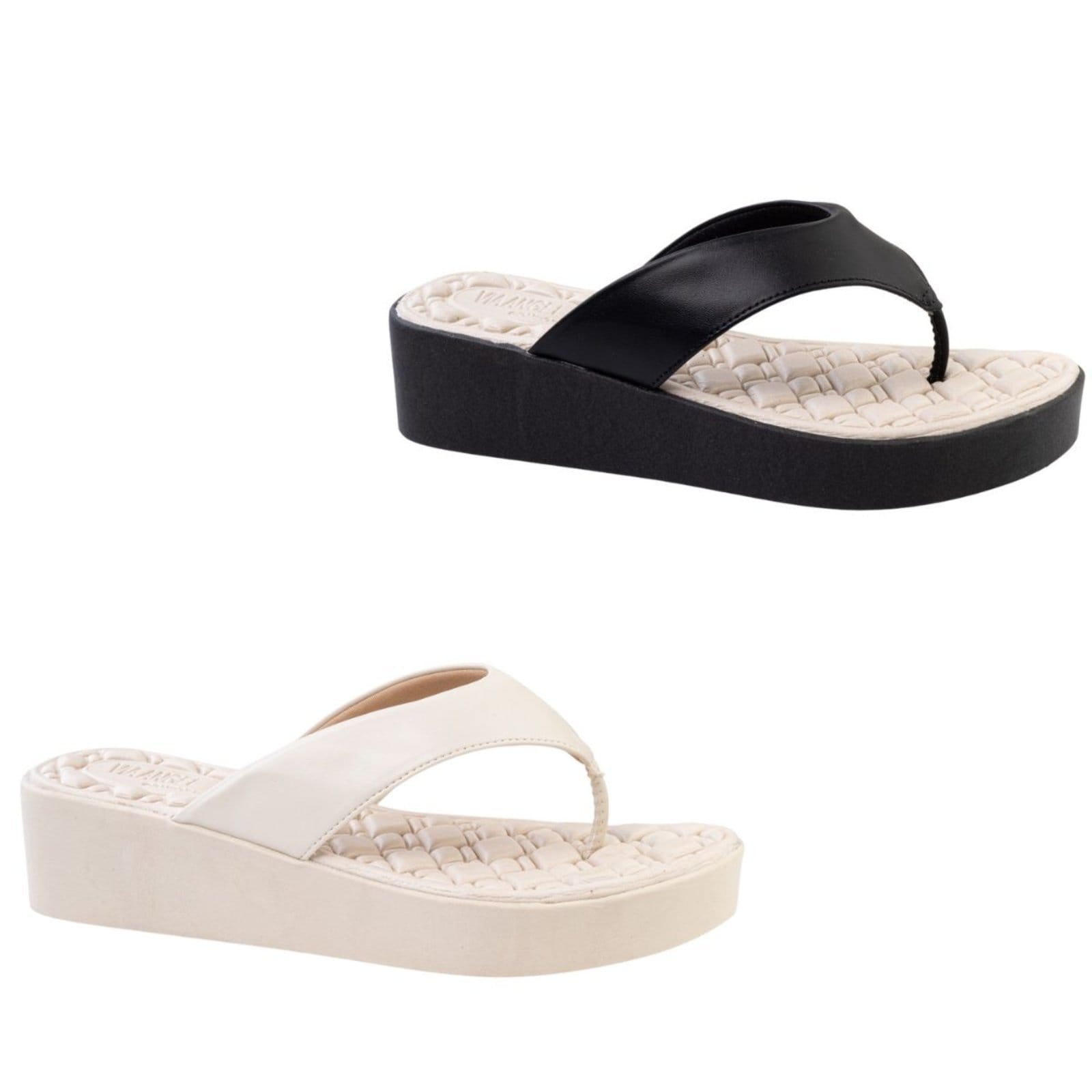 KIt 2 Tamanco Feminino Anabela Plataforma Conforto Macio Anatômico Via Angel 8504 Preto e Off