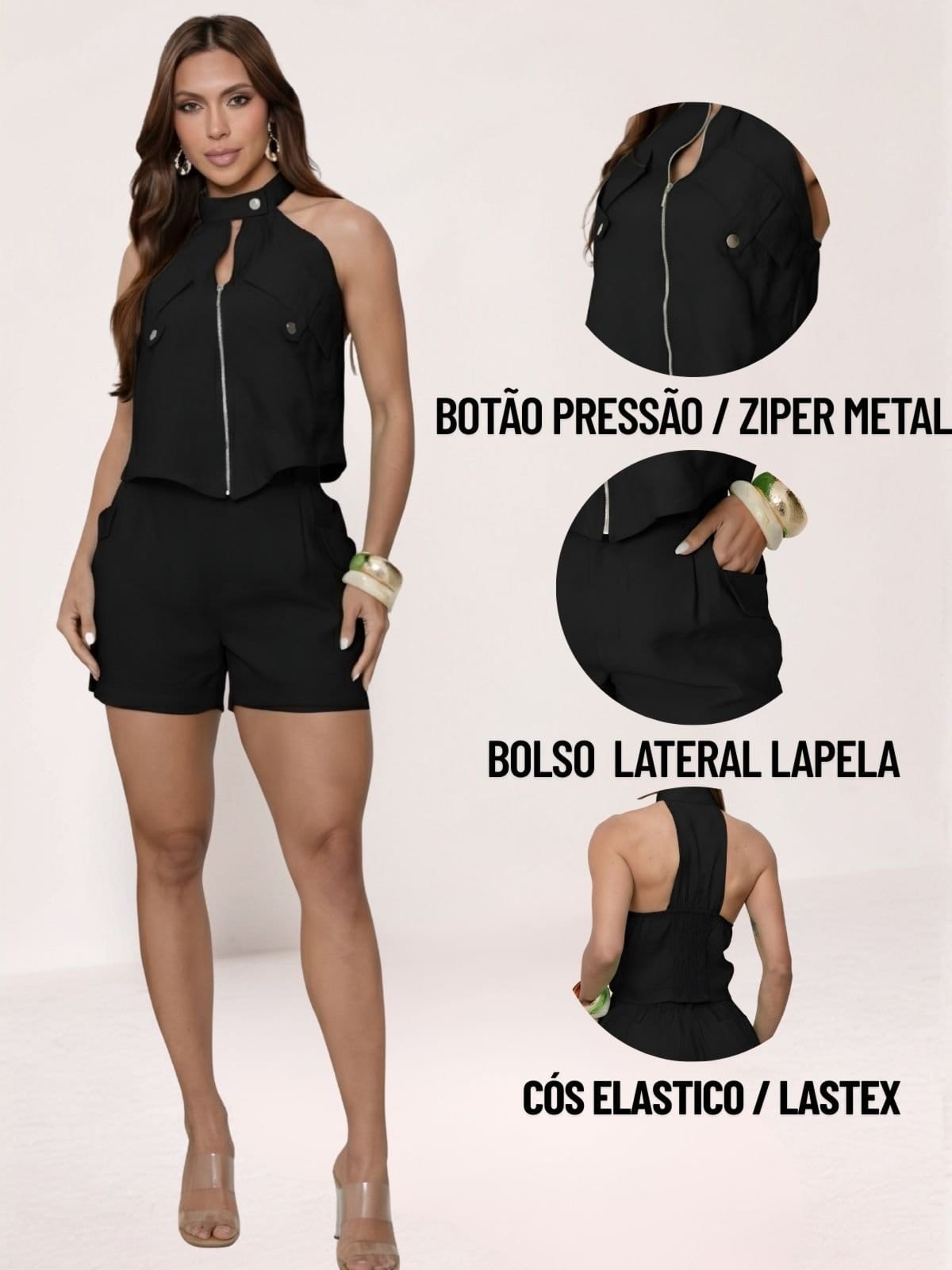 Vista 2 Conjunto Curto Tropical Fashion Blusa Gola Alta e Shorts TROPICAL FASHION preto