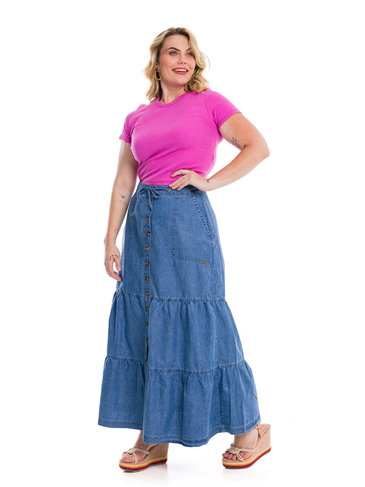 Vista 2 Saia Longa Restrito Jeans 3 Marias Com Botões MÉDIO Restrito Jeans azul