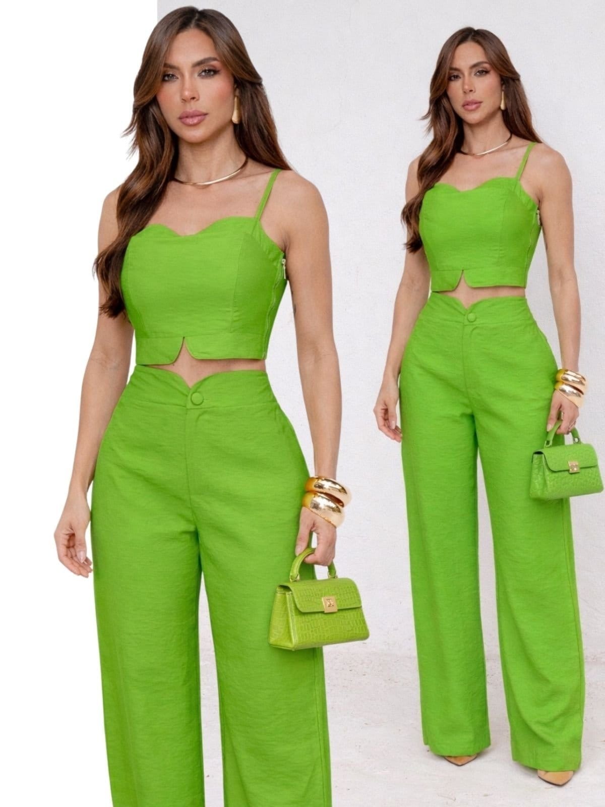 Conjunto Feminino Alfaiataria Divina Gata Cropped e Calça Pantalona Tanqueray