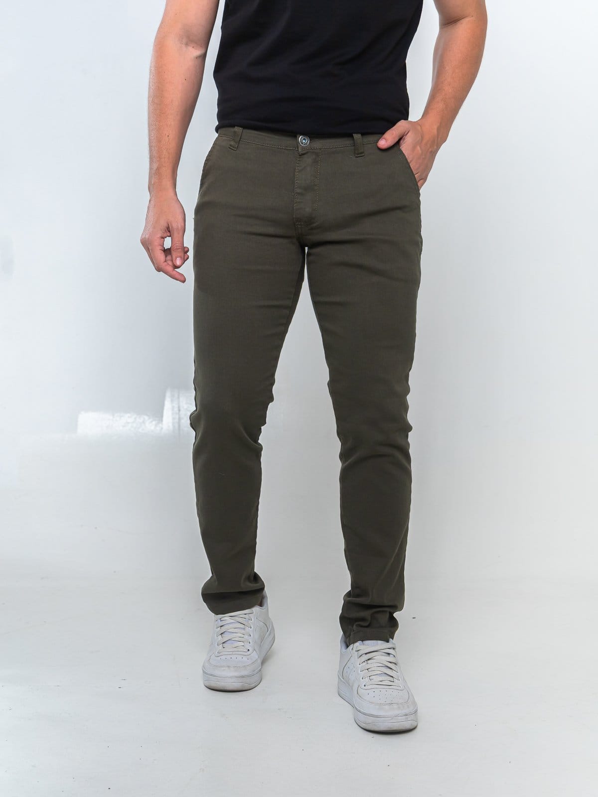 Vista 2 KIT 3 Calças Sarja Masculina Tempo Hábil Alfaiatada Skinny Militar 5 Estilo verde/verde militar verde