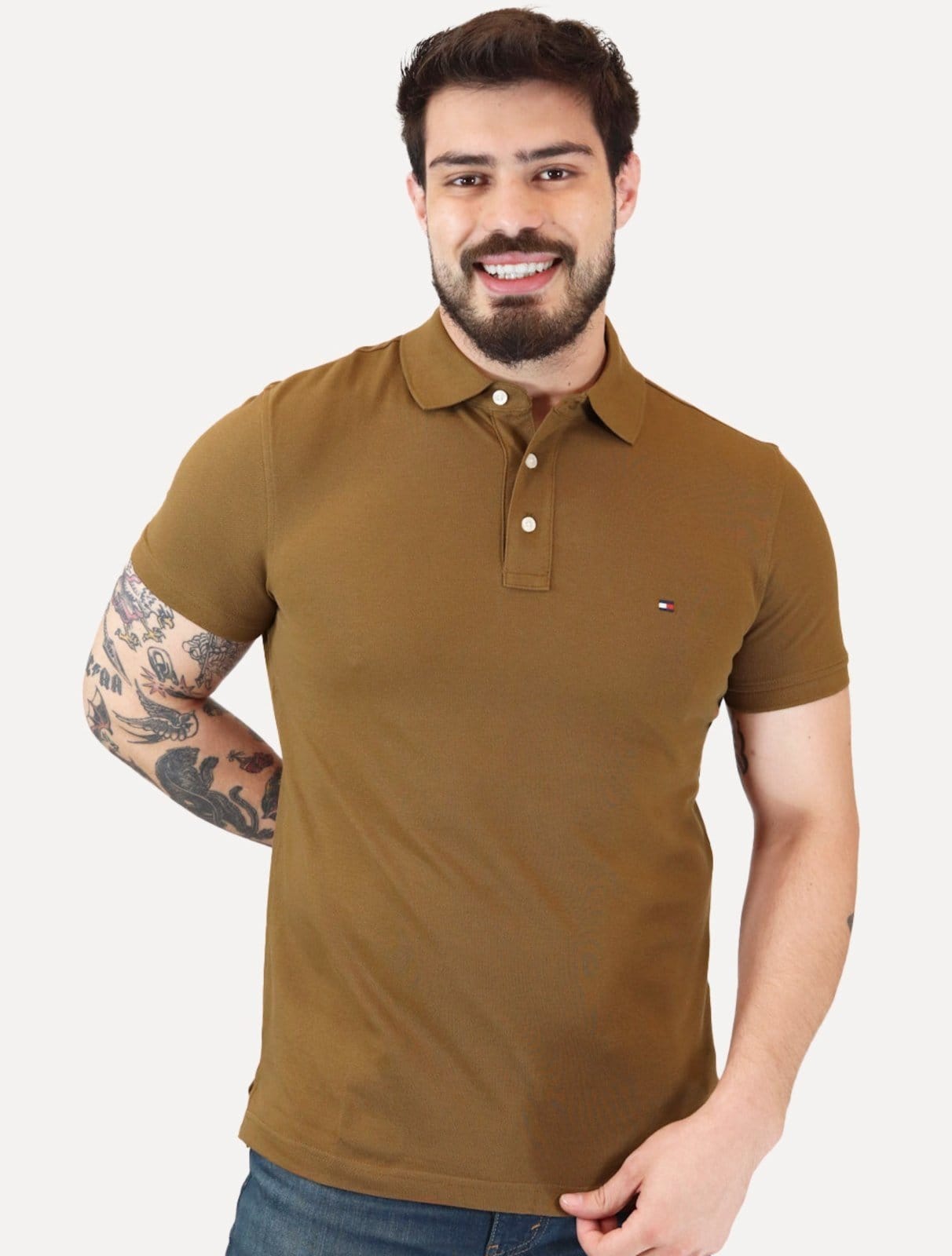 Polo Tommy Hilfiger Masculina Slim Piquet 1985 Marrom