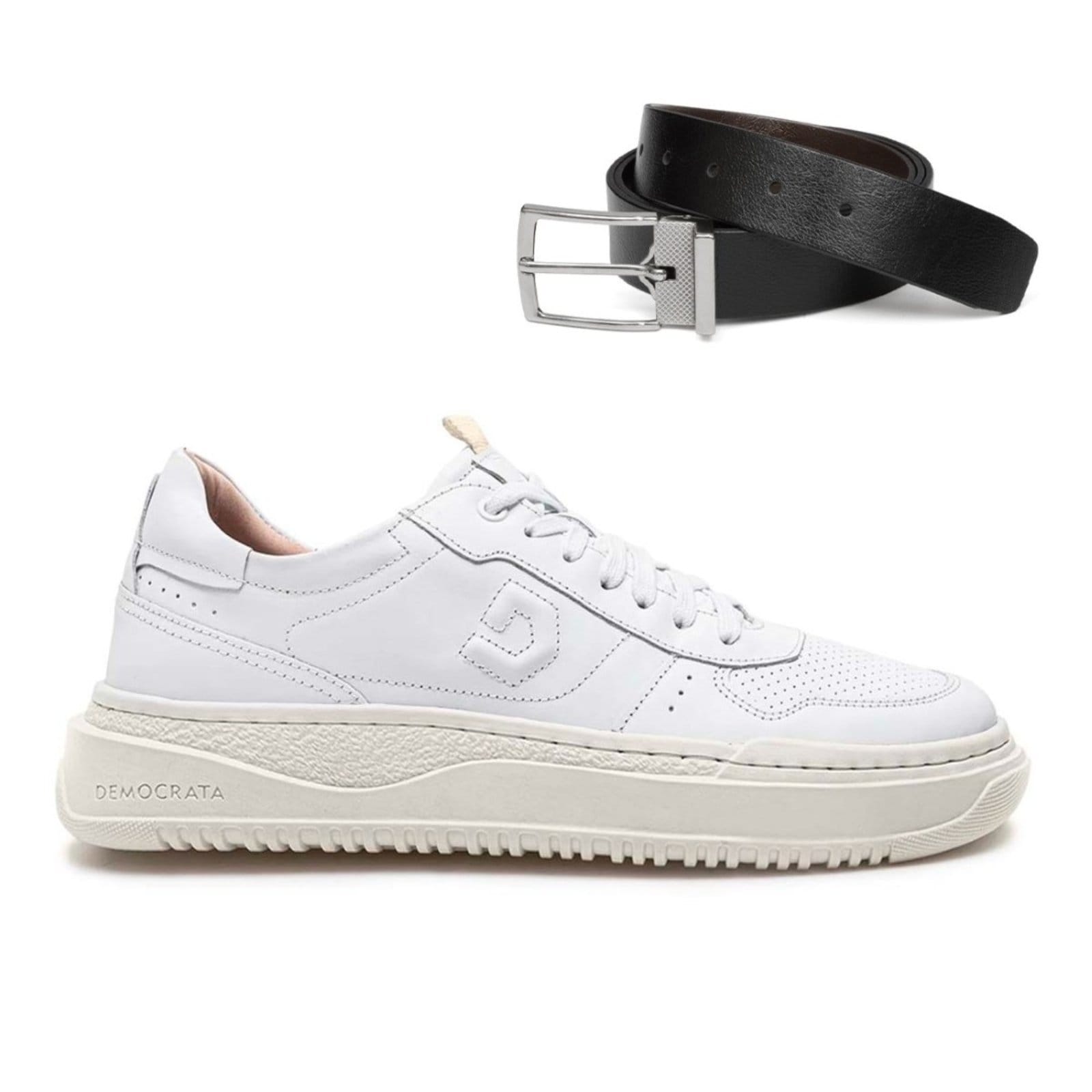 Tênis De Couro Democrata Masculino Denim Block 240501+Cinto Masculino Dupla Face