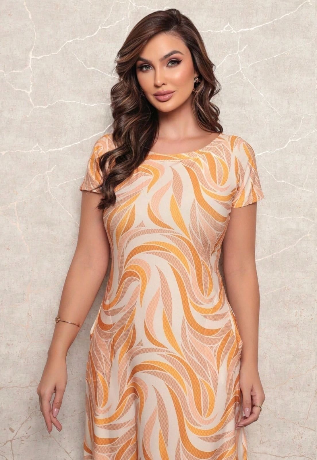 Vista 2 Vestido Feminino Estampado Mid Manga Curta Decote Canoa Tecido Premium Tendência Moda Verão - Bege Docce Mulher azul