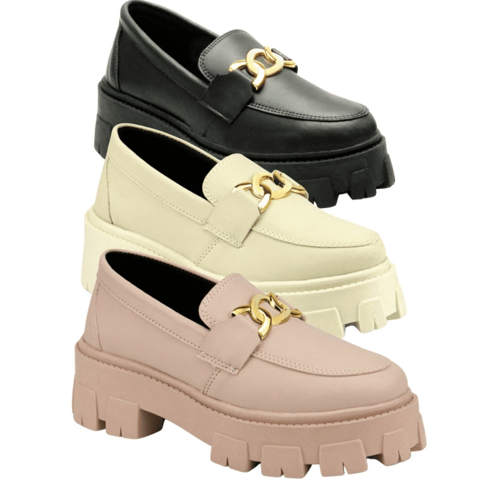 Kit 3 Mocassim Tratorado Feminino Oxford Plataforma Com Metal Blogueira Leve GuGi 403-GG Marfim e Rose