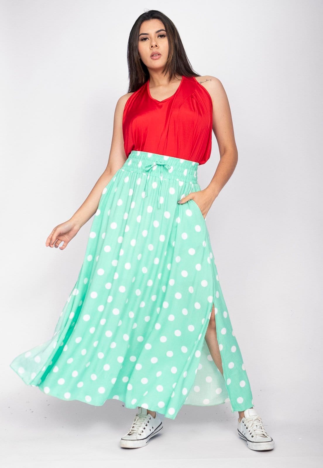 Saia Longa Amazonia Vital Viscose Verde Aqua Poá - 2