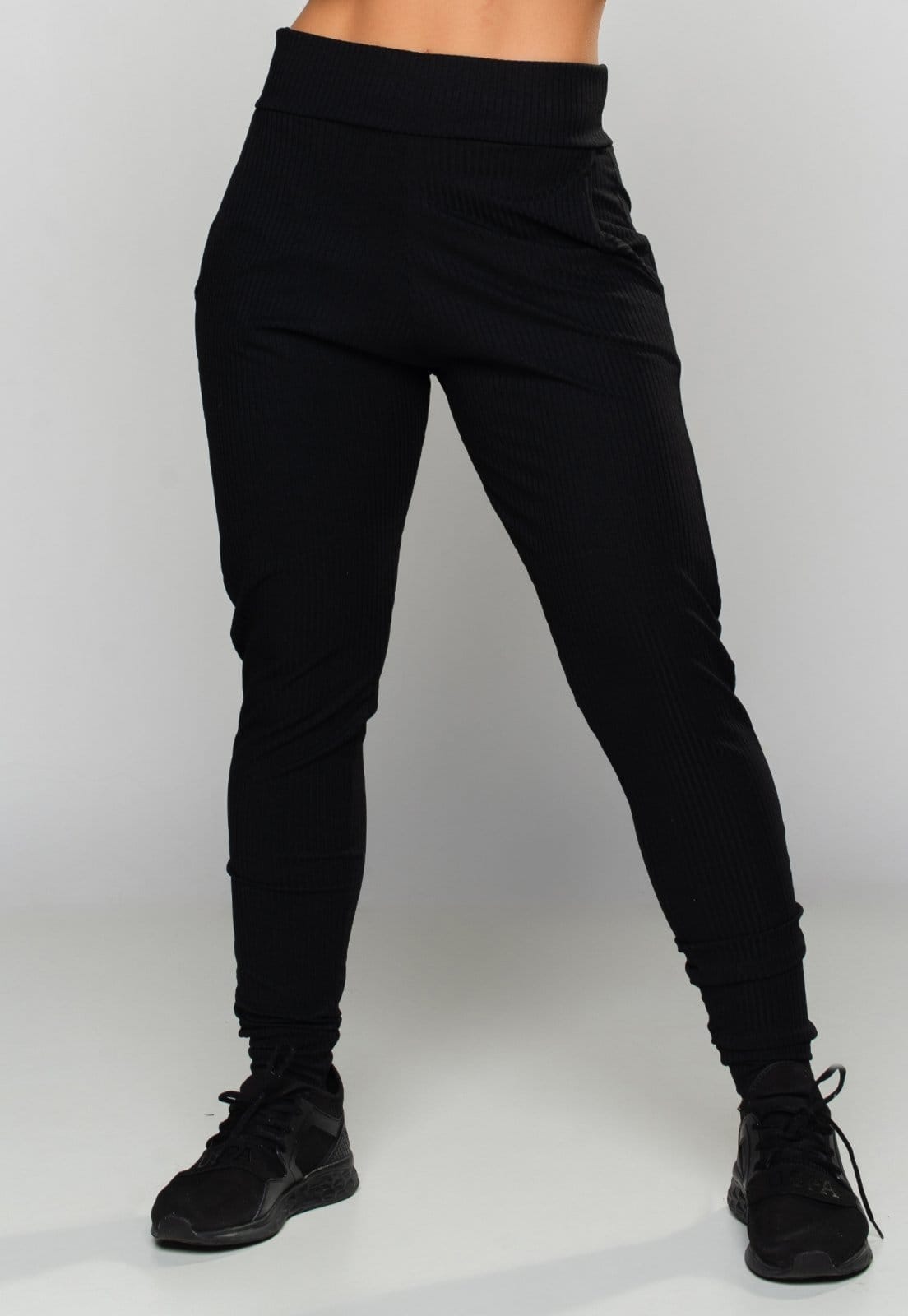 Calça Jogger MVB Modas Ribana Canelada Cintura Alta Preta