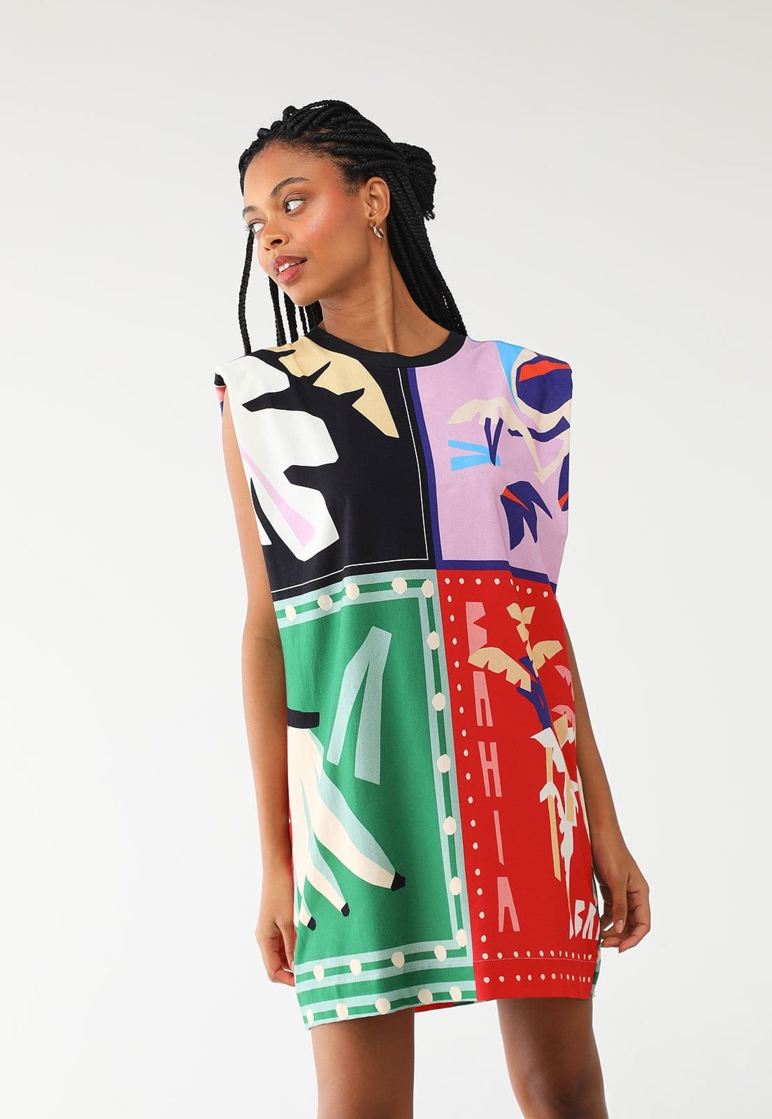 Vestido FARM Curto Ombreira Lenço Brasil