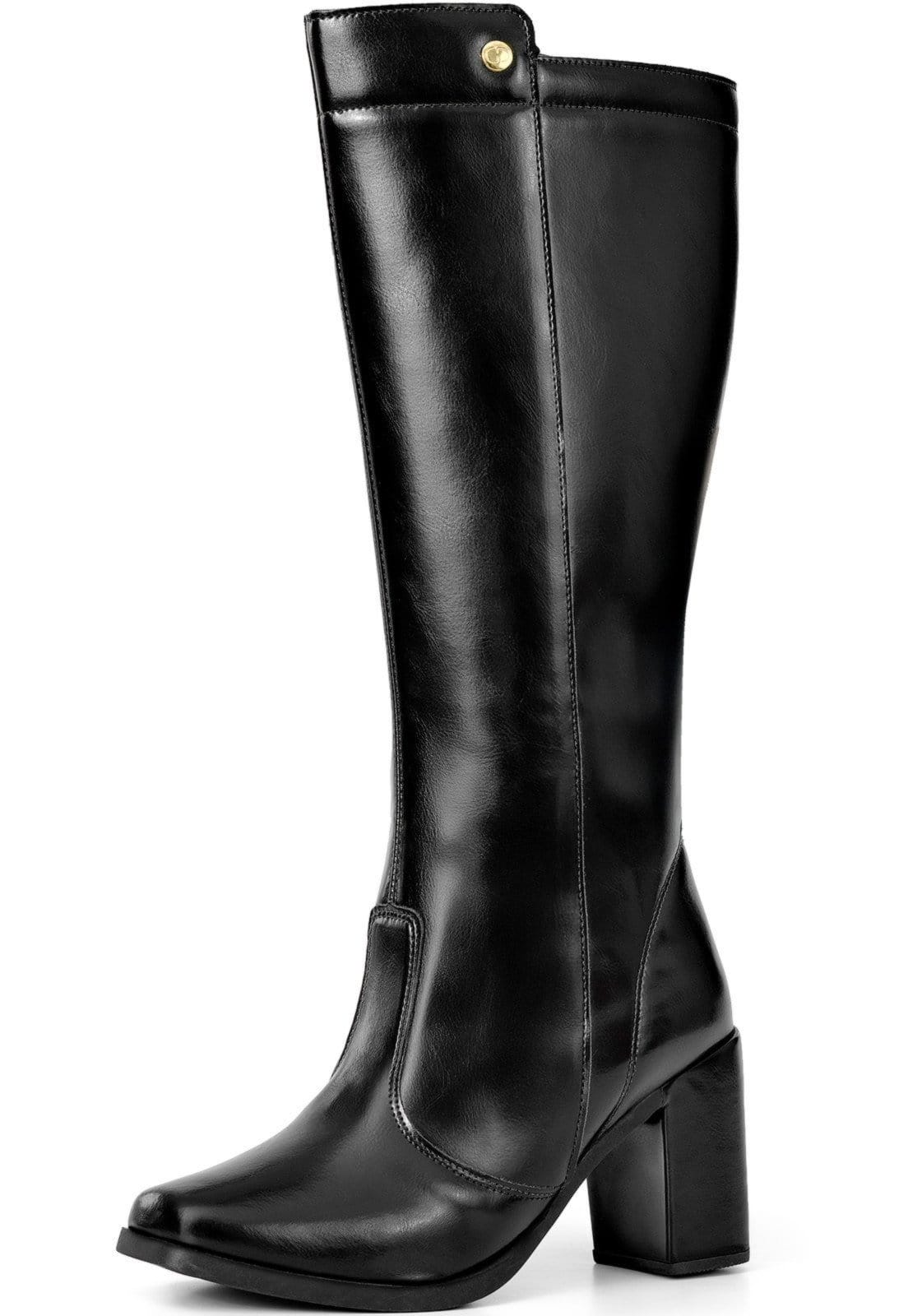 Bota Feminina Lumiss Cano Alto Salto Alto Bloco Confortável Bico Quadrado