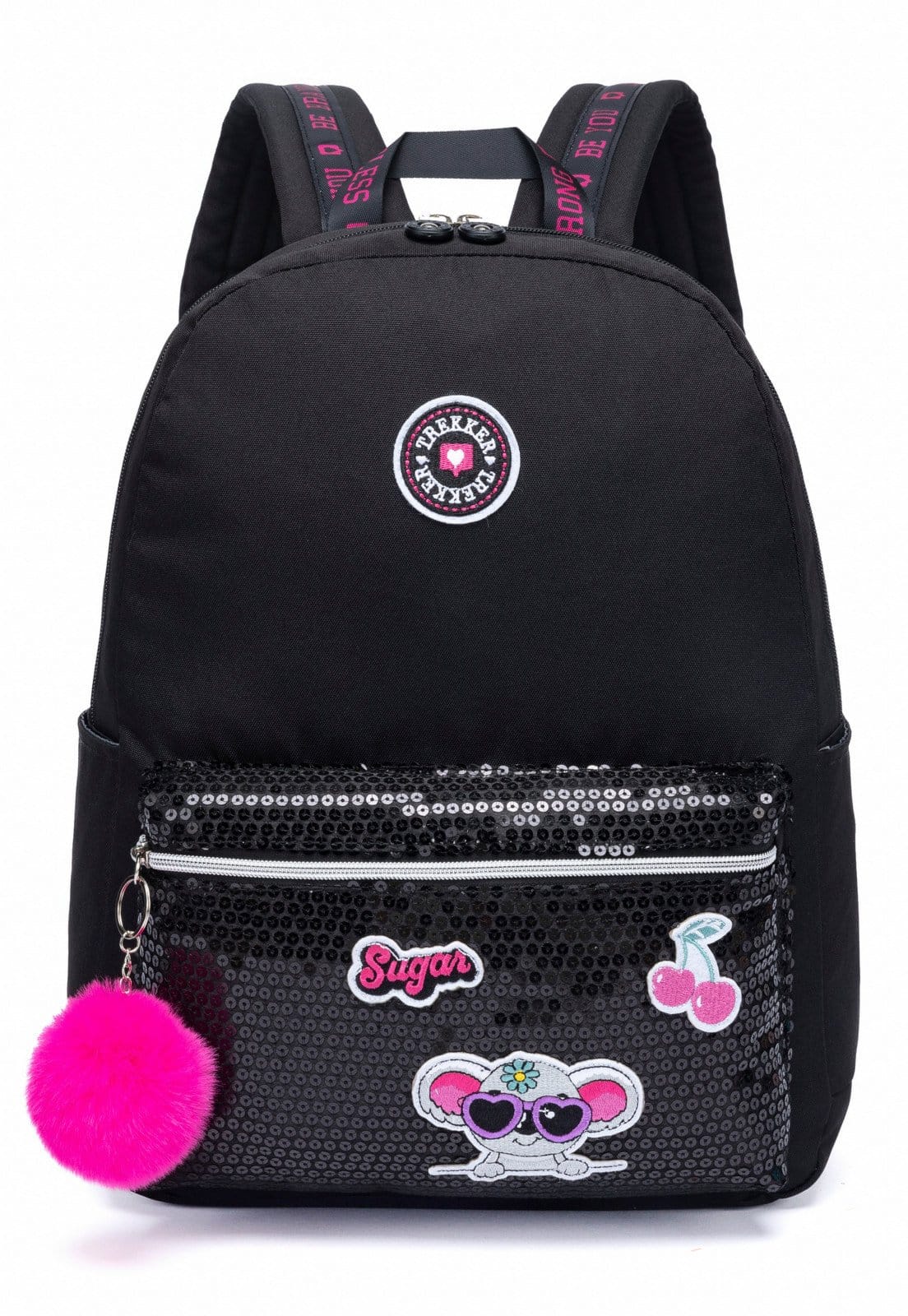 Mochila Trekker Feminina Reforçada Escolar Casual Chaveiro Brilho