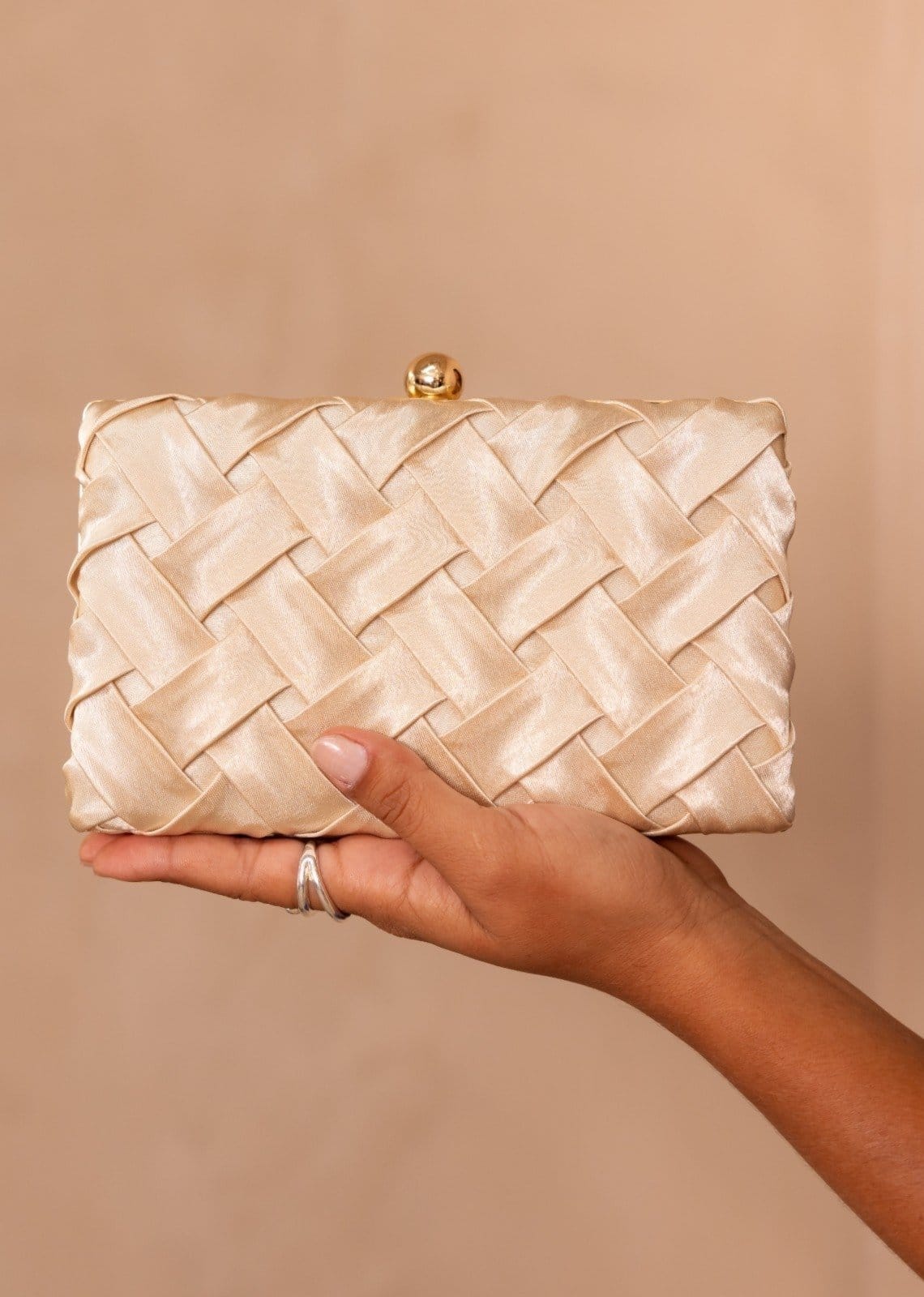 Bolsa Clutch de Festa Retângular Entrelaçada Trançada Dourada