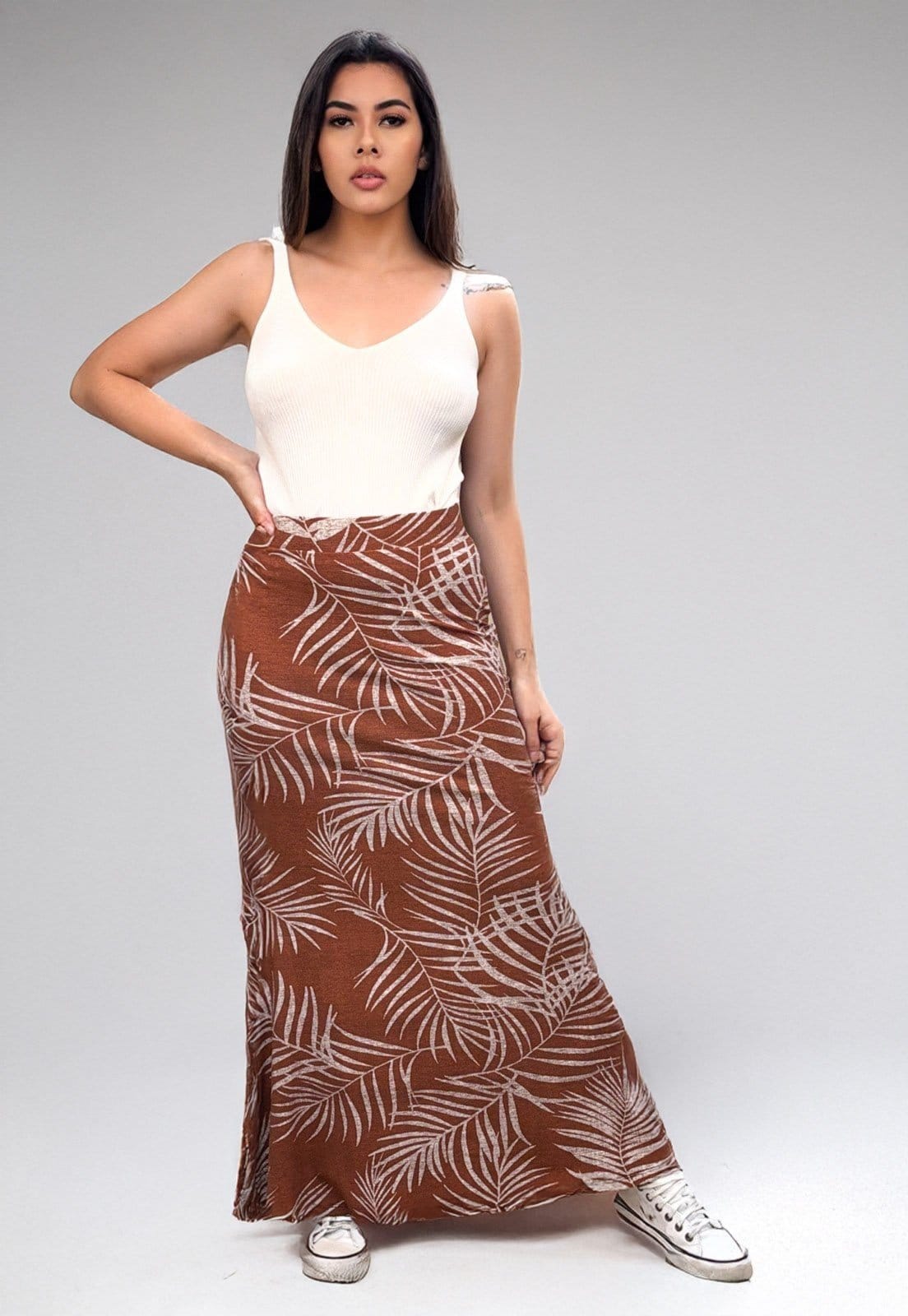 Saia Cabanafree Longa Malha Sereia Estampa Palmas Terra