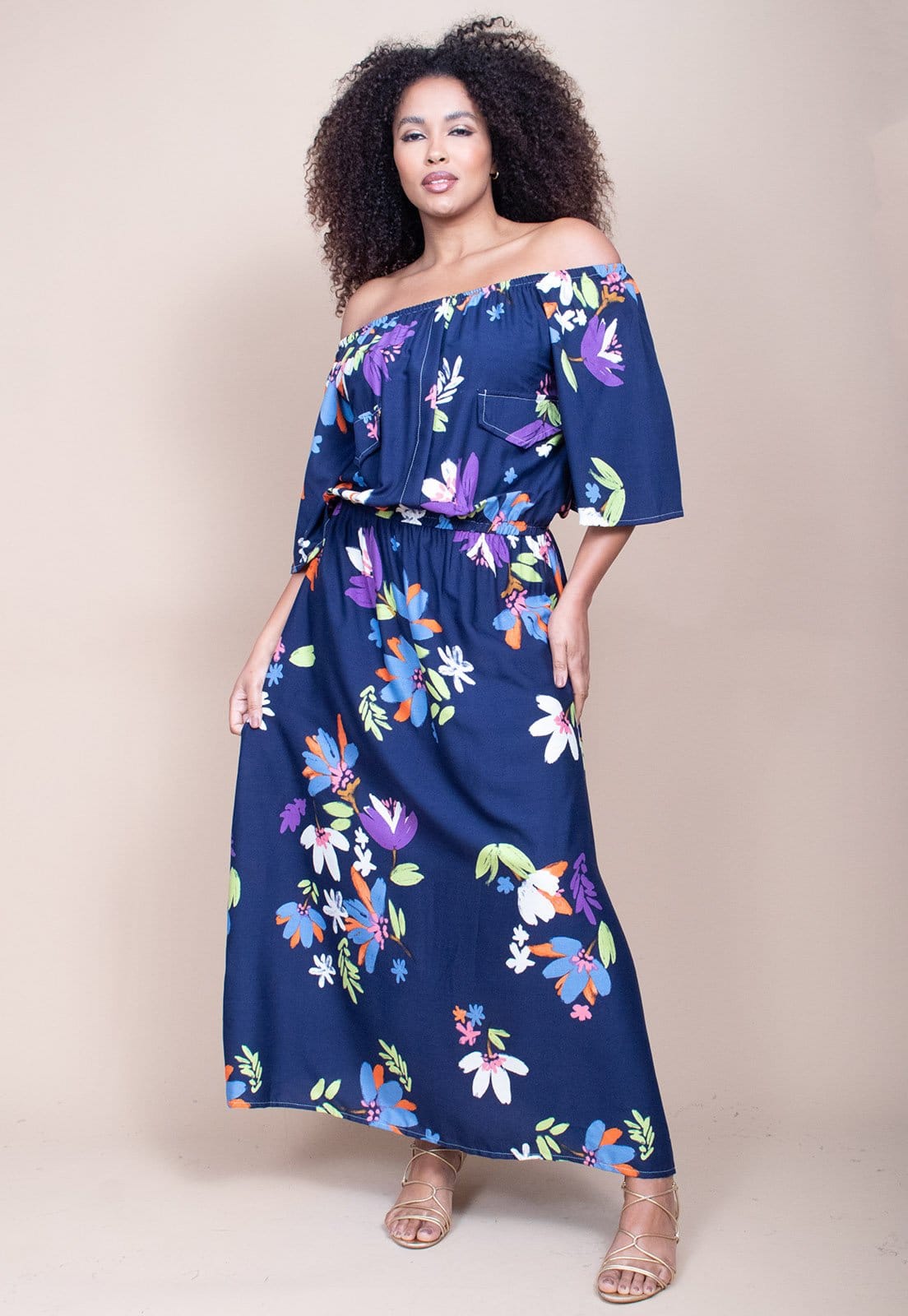 Vestido Midi Cabanafree Ciganinha Viscose com Lapela Estampa Festa das Flores Azul