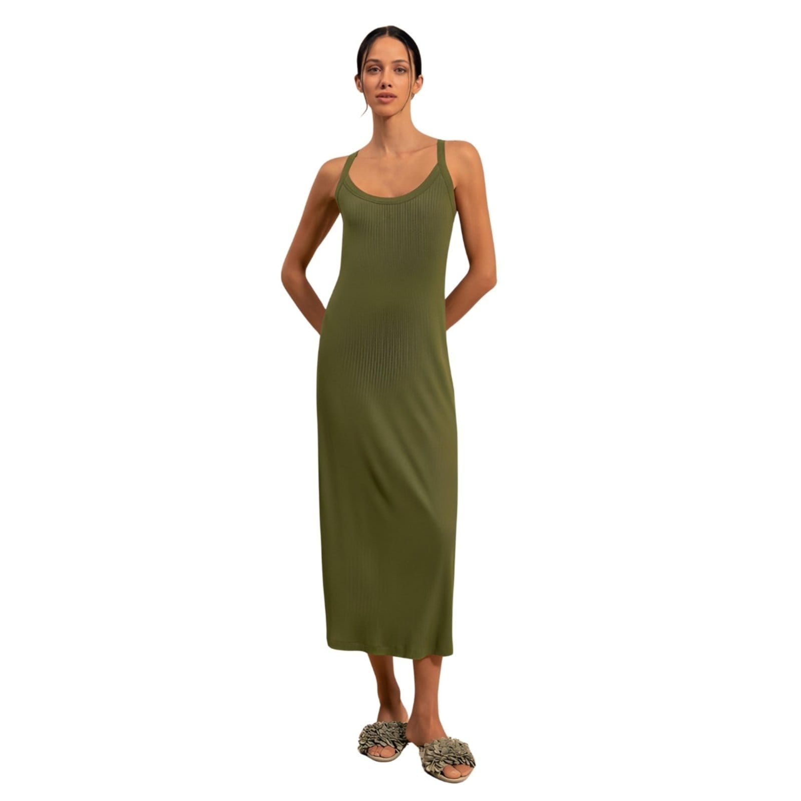 Vestido Chá Alças Finas Canelado Com Bordado Localizado