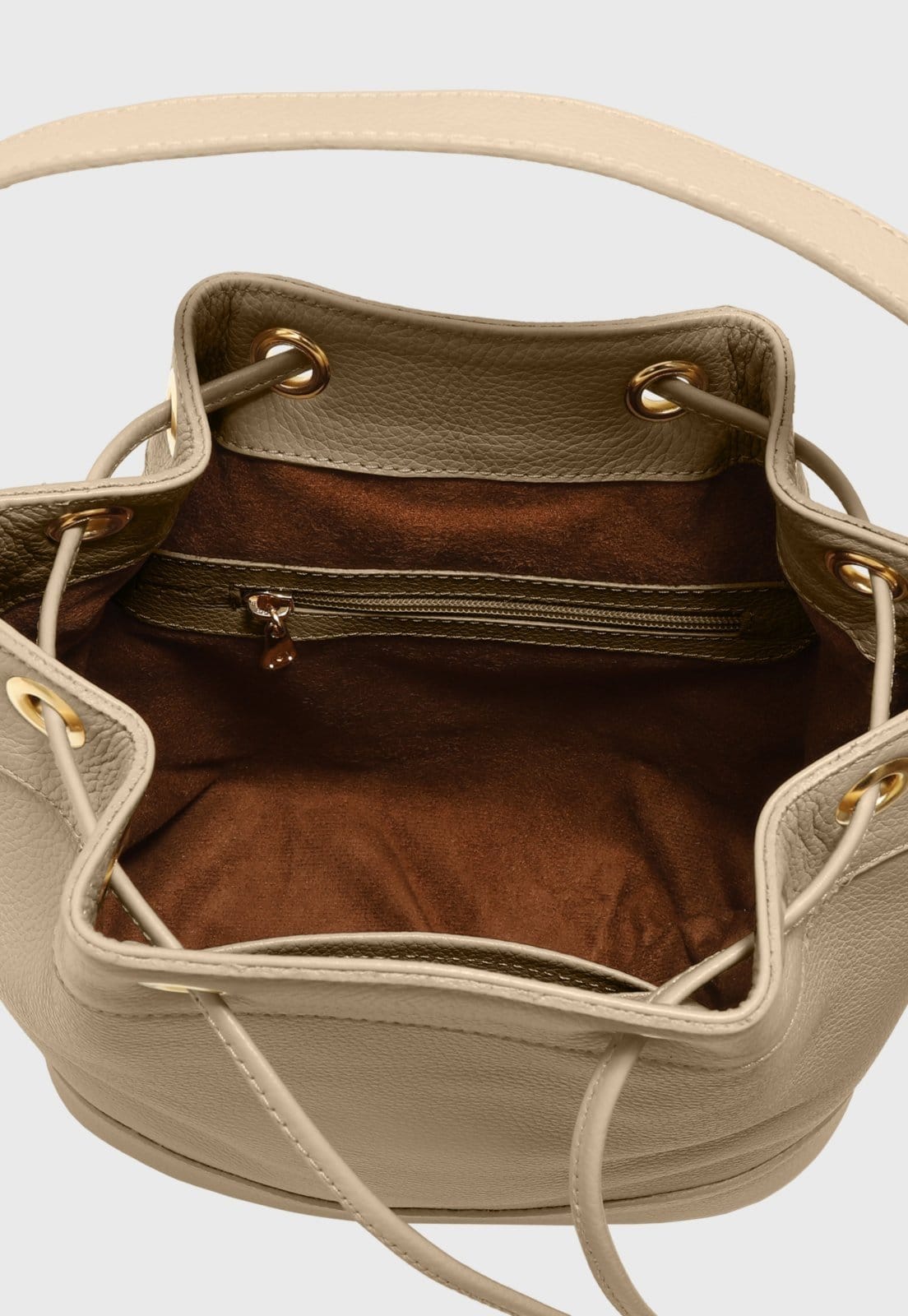 Vista 2 Bolsa Bucket Transversal Couro Mariart Chia Aveia Mariart bege