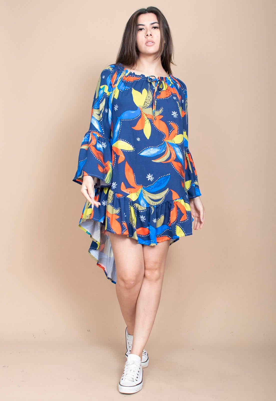 Vestido Curto Cabanafree Viscose Com Babados Estampa Maré Vibrante