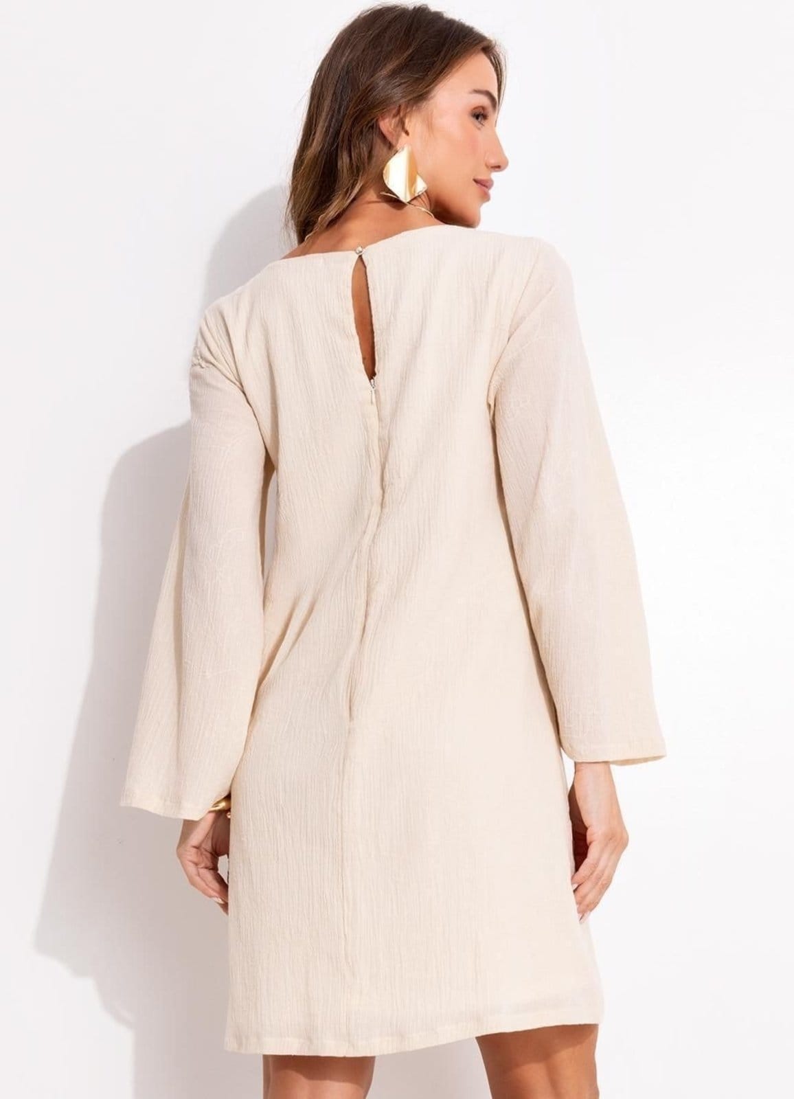 Vista 2 Vestido Gaze De Algodão Bordado Bordado Quintess bege