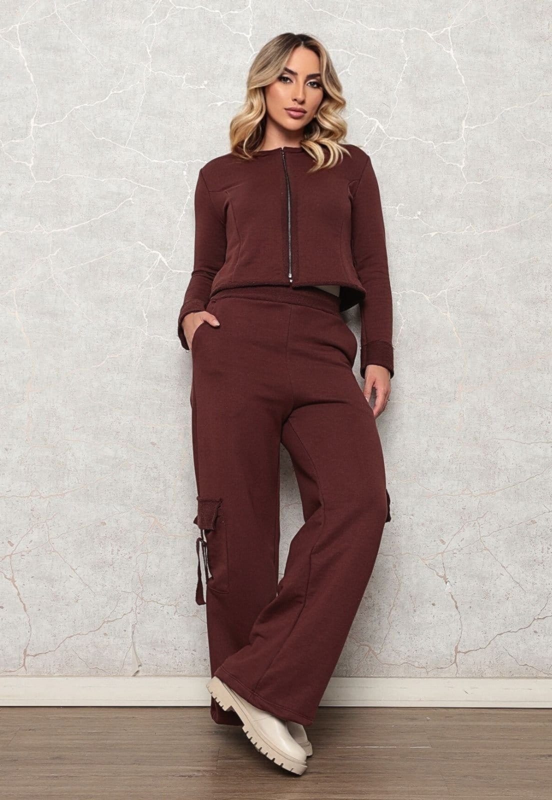 Conjunto Moletom Feminino Blusa Jaquetinha Calça Pantalona Cargo Luxo