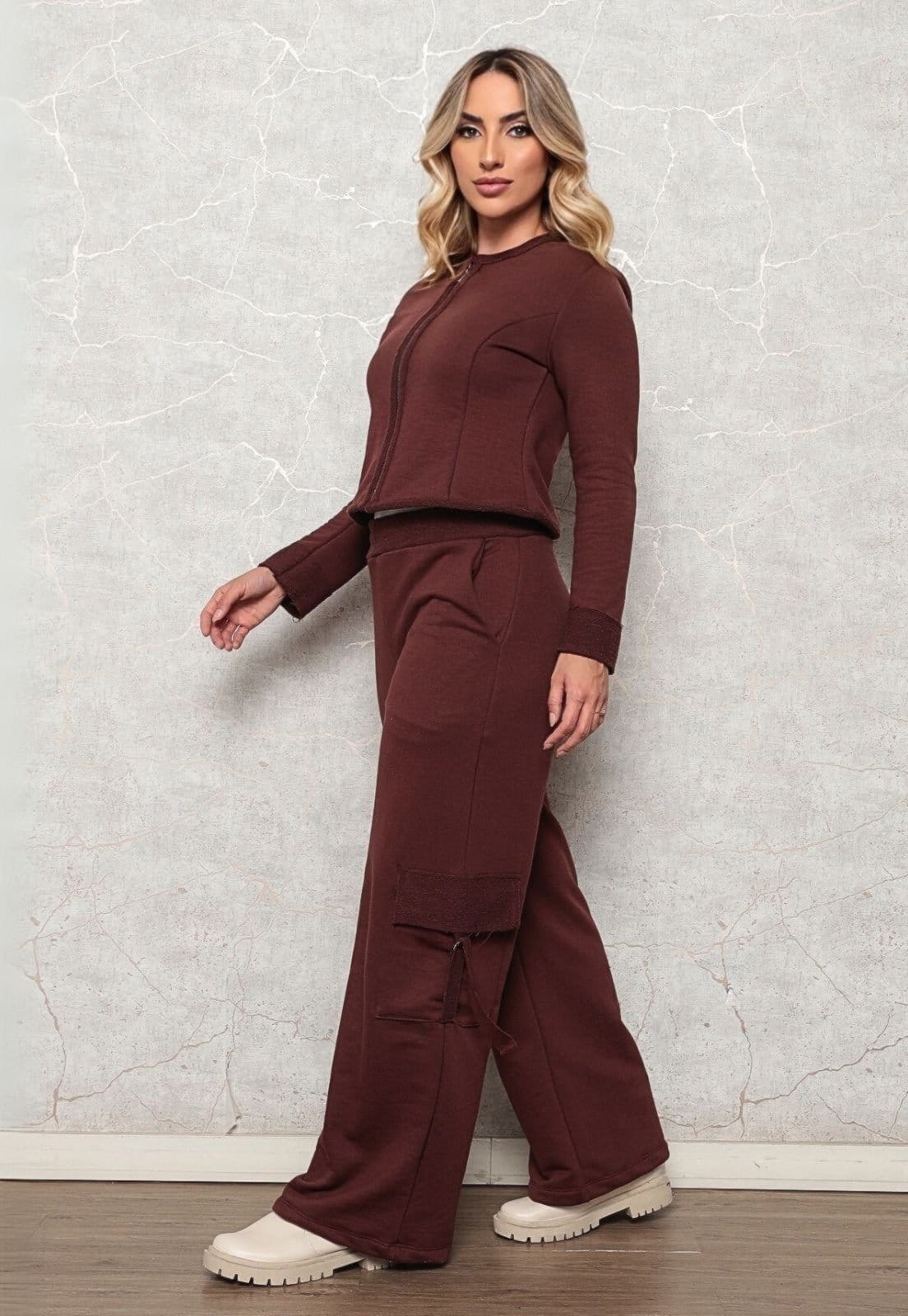 Conjunto Moletom Feminino Blusa Jaquetinha Calça Pantalona Cargo Luxo - 2