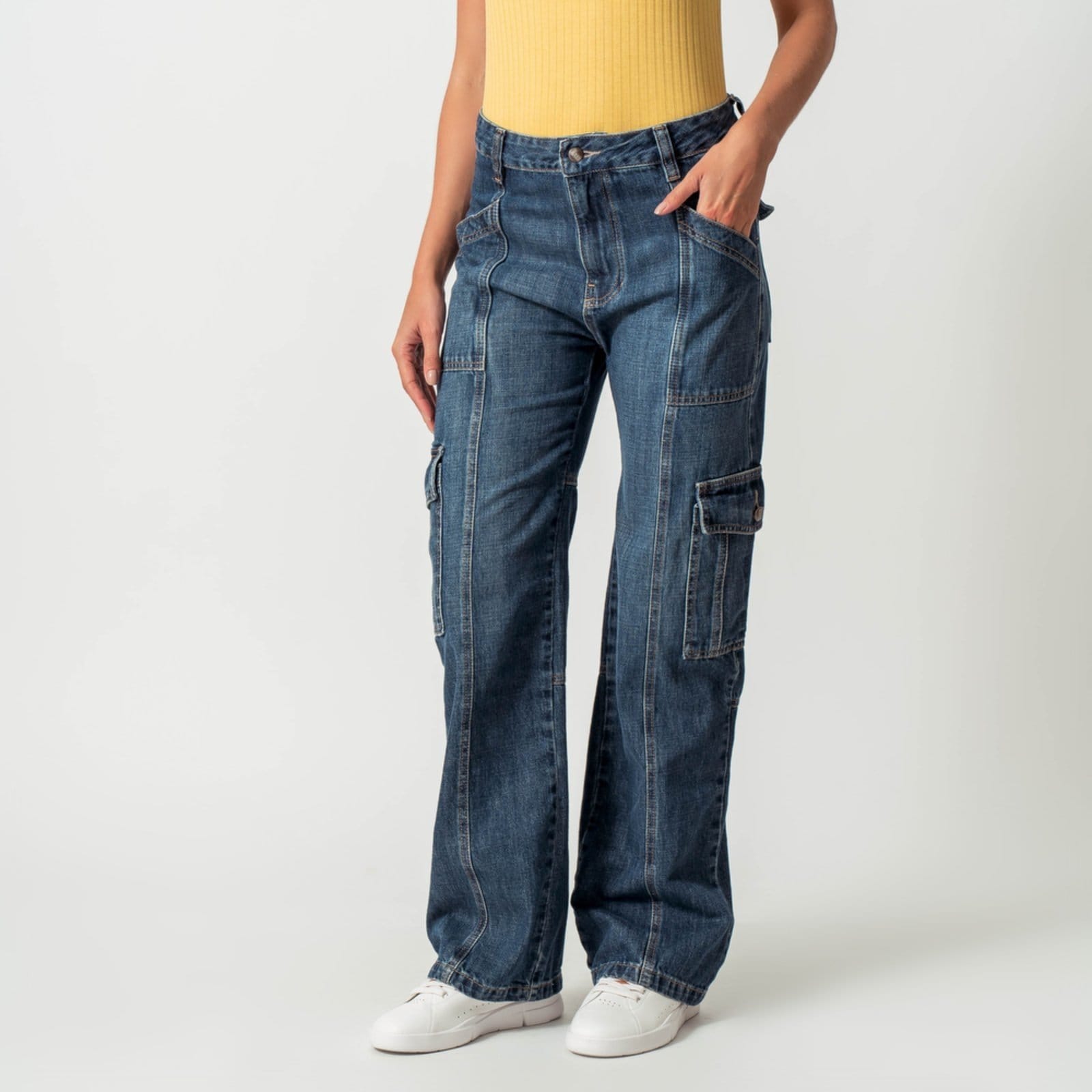 Calça Jeans Wide Recortes Cargo Azul Escuro