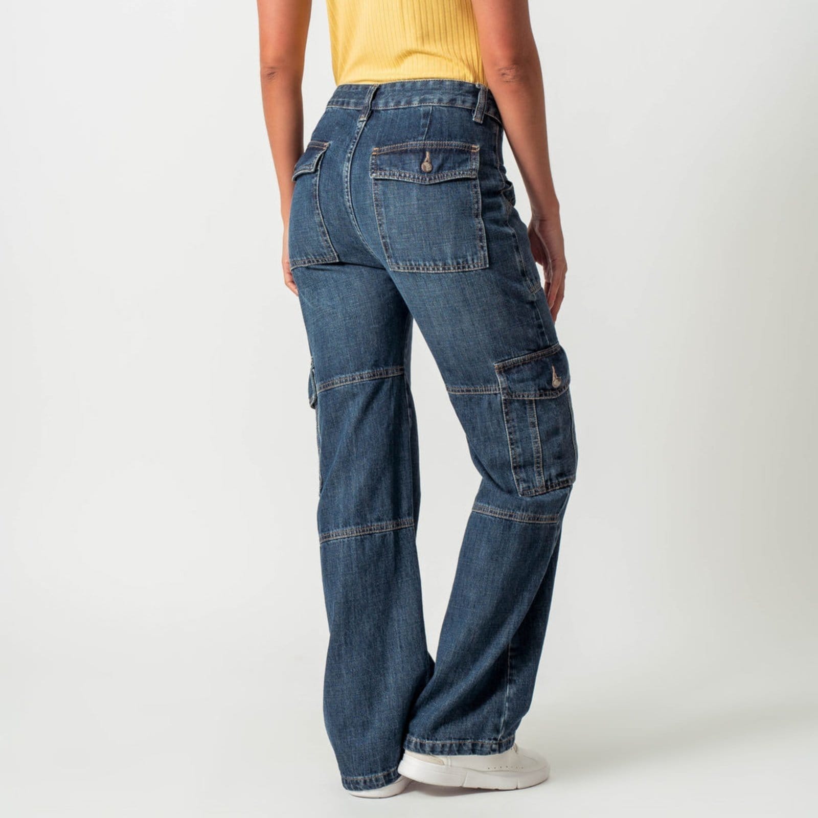 Vista 2 Calça Jeans Wide Recortes Cargo Azul Escuro Bloom azul marinho