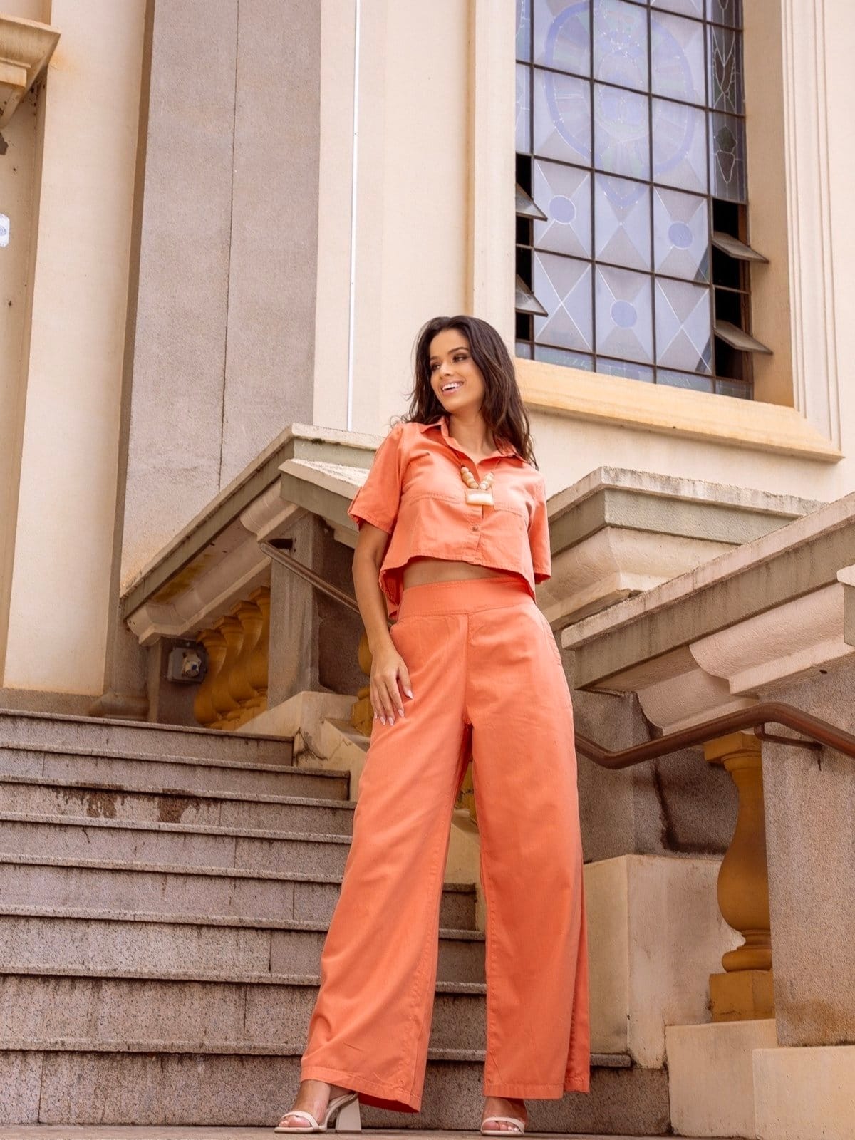 Calça Pantalona Alfaiataria Novah Store Sarja Coral