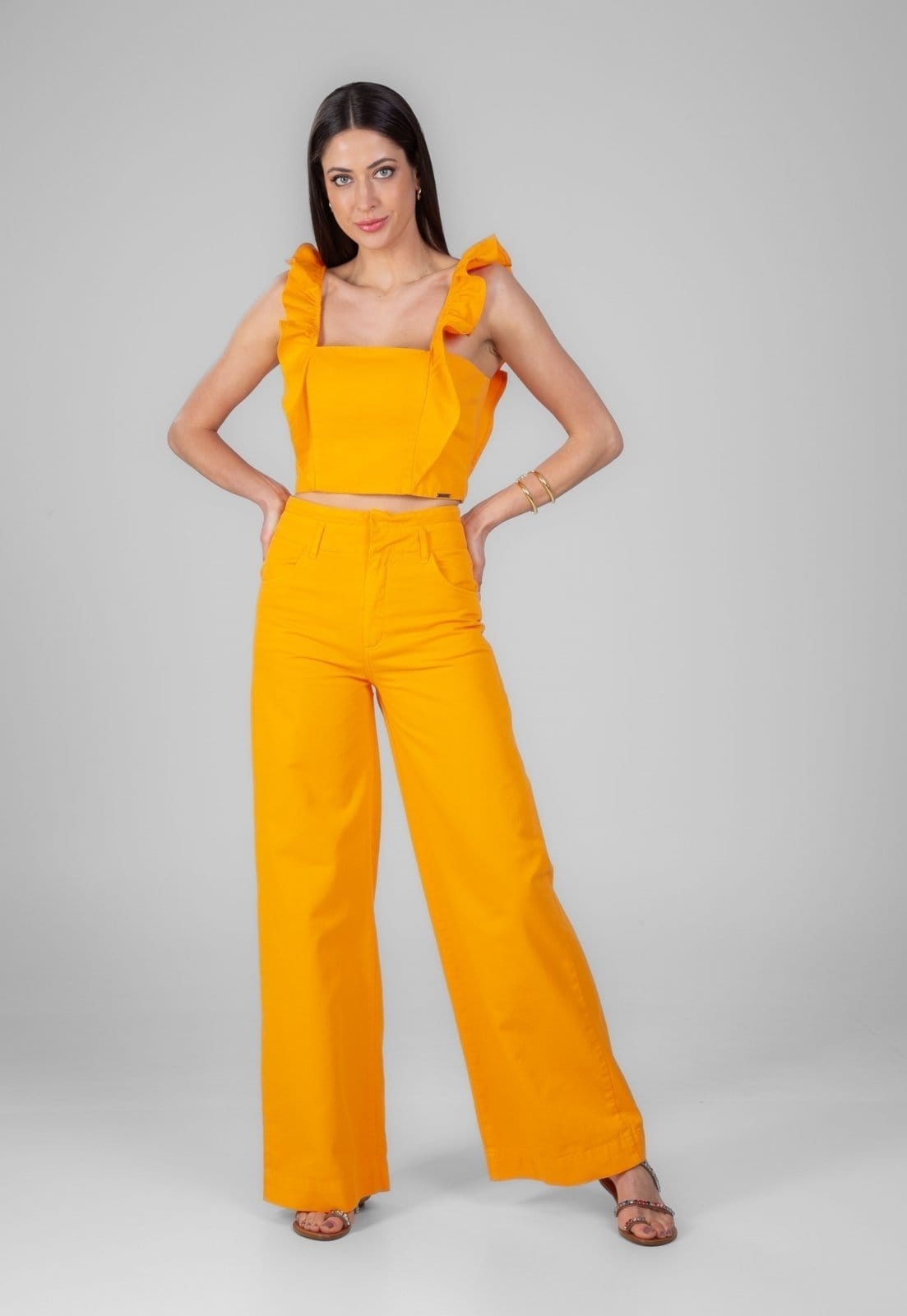 Vista 2 Calça Jeans Traymon Pantalona 4 Bolsos Mango Traymon laranja