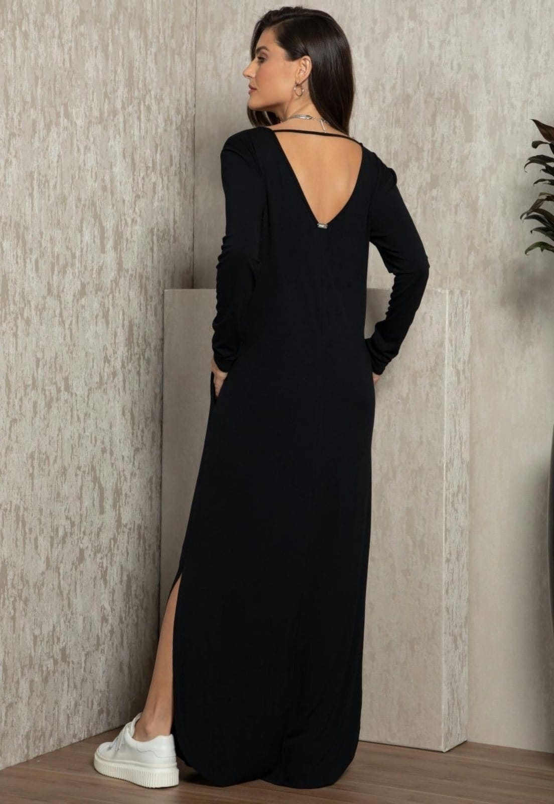 Vista 2 Vestido Com Fendas Nas Laterais Quintess preto