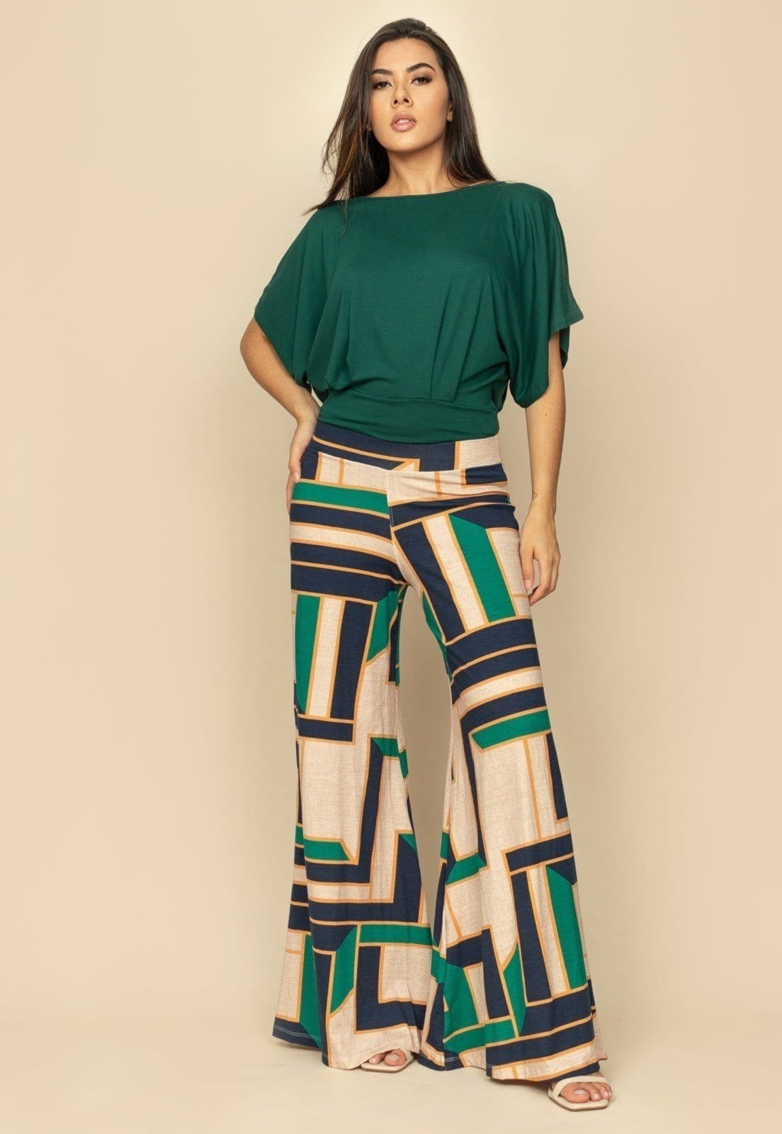 Calça Pantalona Granja Malha Estampa Chapada de Areia