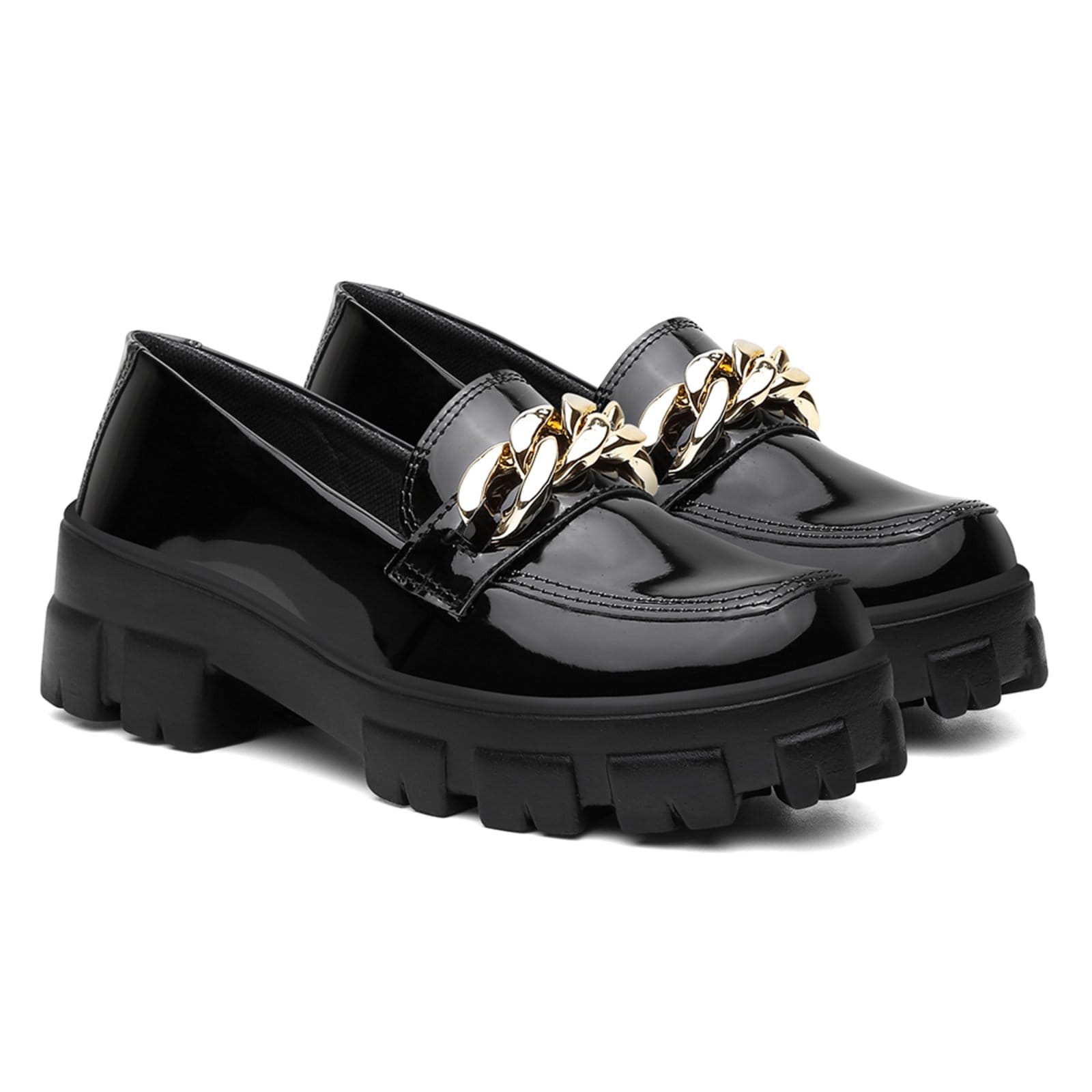 Mocassim Plataforma Nine4 Solado Tratorado Detalhe Corrente Dourada Verniz