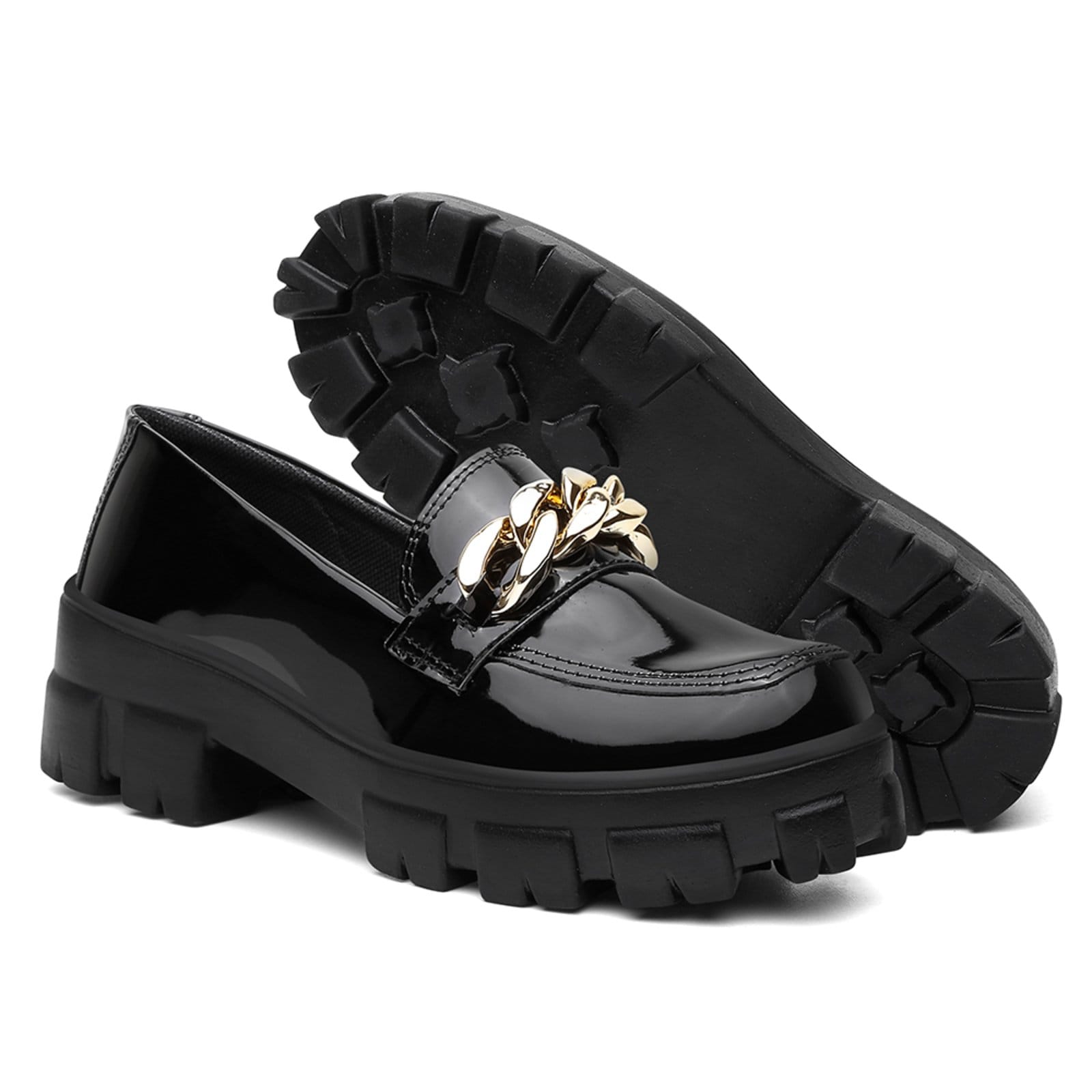 Vista 2 Mocassim Plataforma Nine4 Solado Tratorado Detalhe Corrente Dourada Verniz Nine4 preto