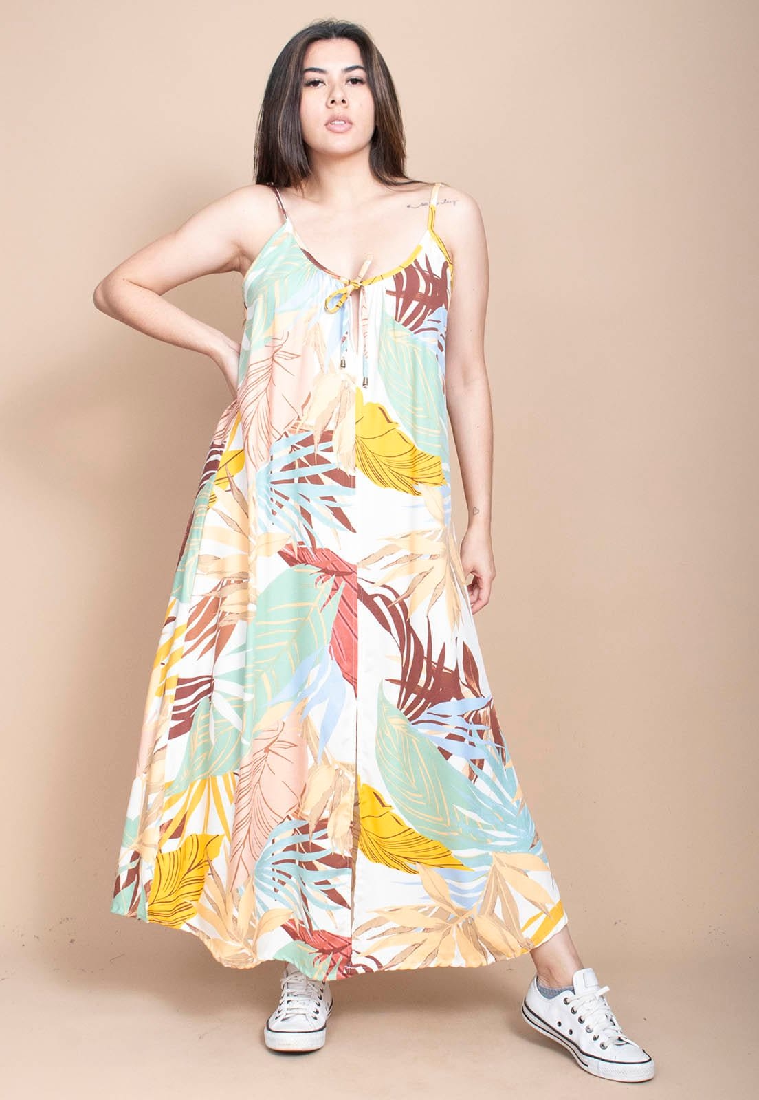 Vista 2 Vestido Longo Cabanafree Caçuá Viscose Alça Fina Estampa Aurora Suave Cabanafree amarelo/azul/estampado/off-white/verde