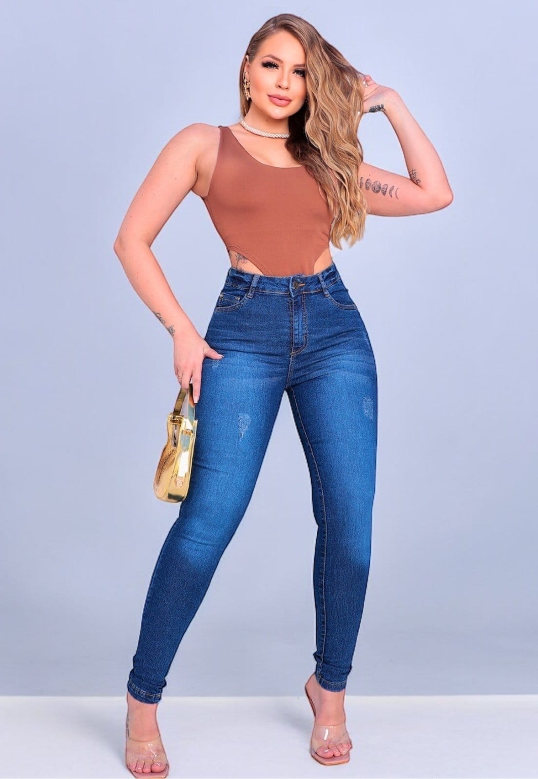 Calça Feminina Jeans Skinny Com Pala Coração
